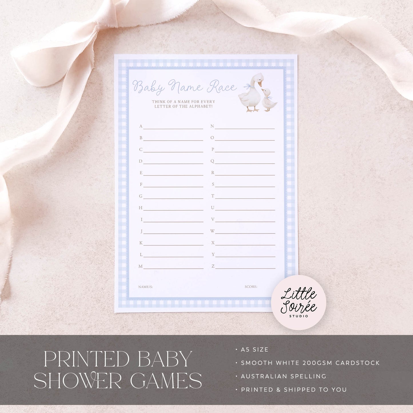 Baby shower game sheet with duck design on a textured fabric background, featuring 'Little Souris Studio' branding.