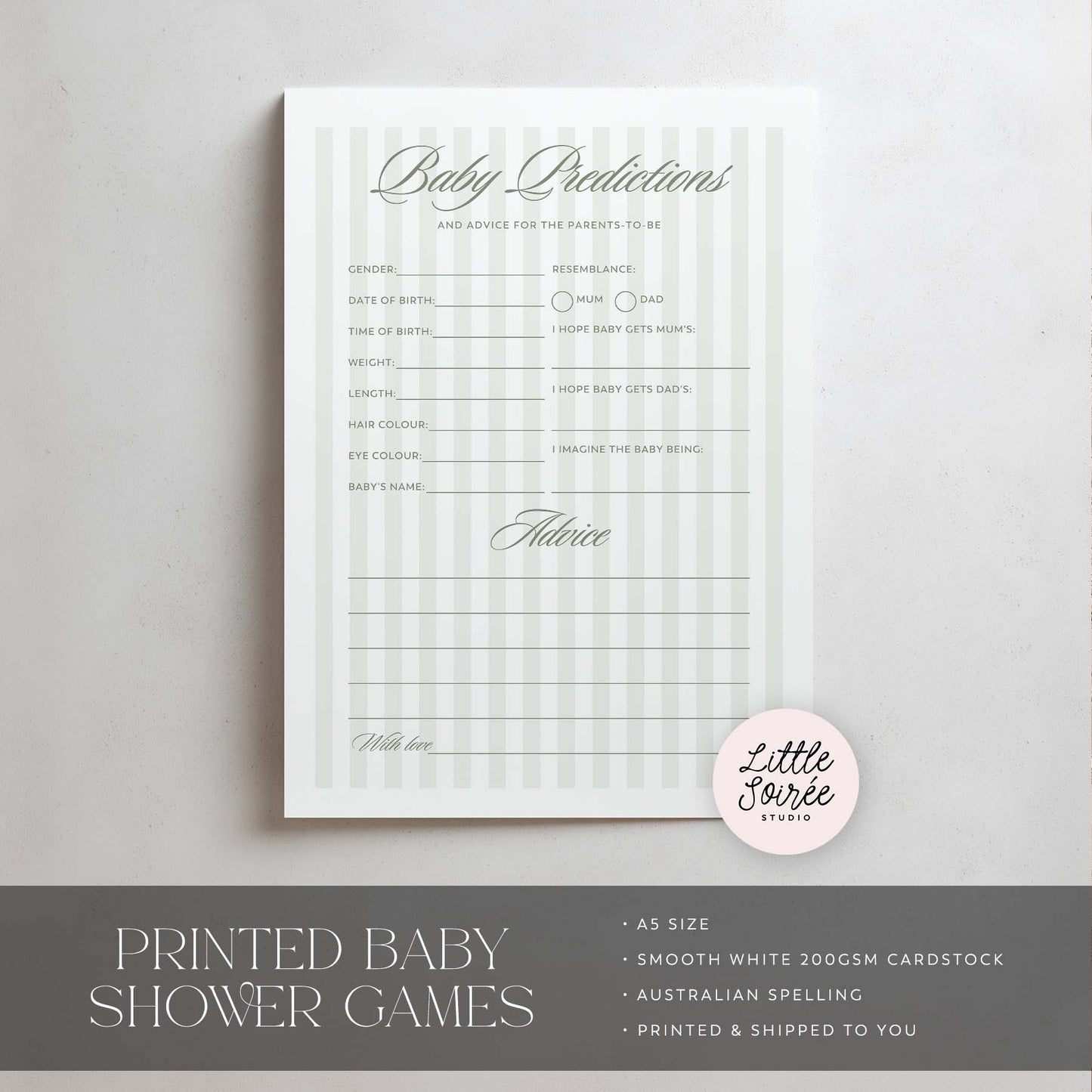 Green Stripe Baby shower game sheet with text on a gray background, featuring 'Little Soiree' branding.