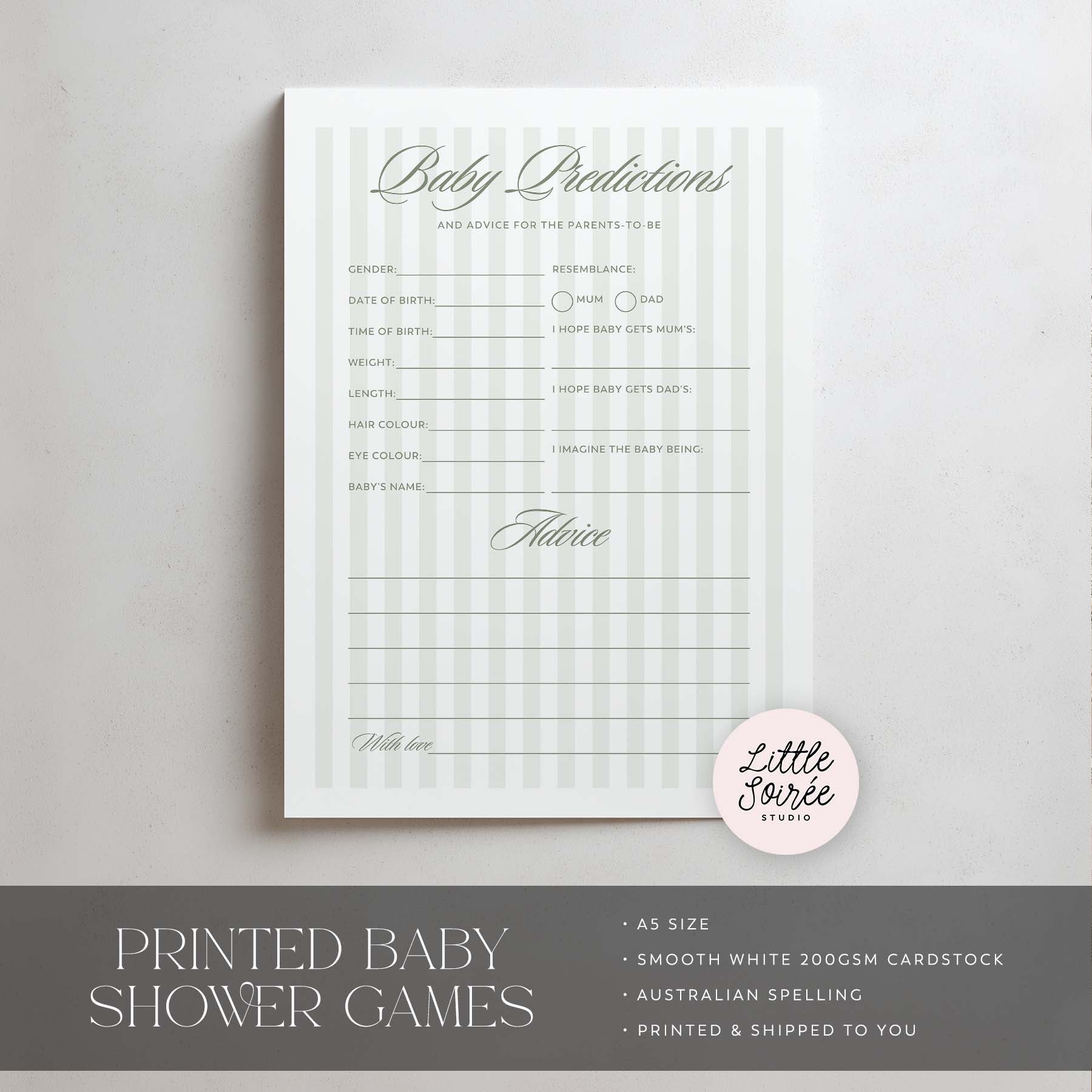 Green Stripe Baby shower game sheet with text on a gray background, featuring 'Little Soiree' branding.
