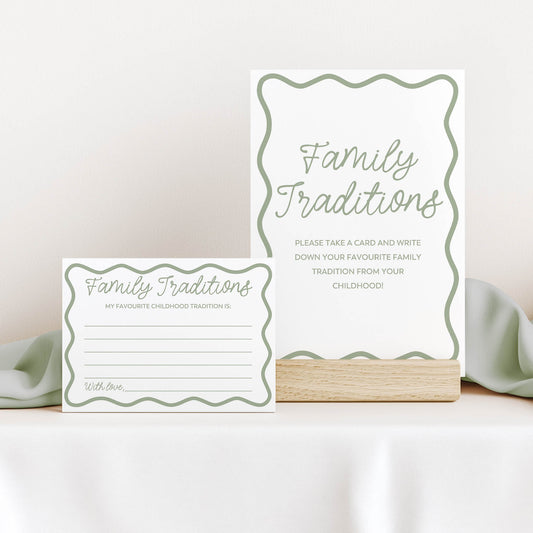 Two  green wavy 'Family Traditions' cards on a white surface with a light background