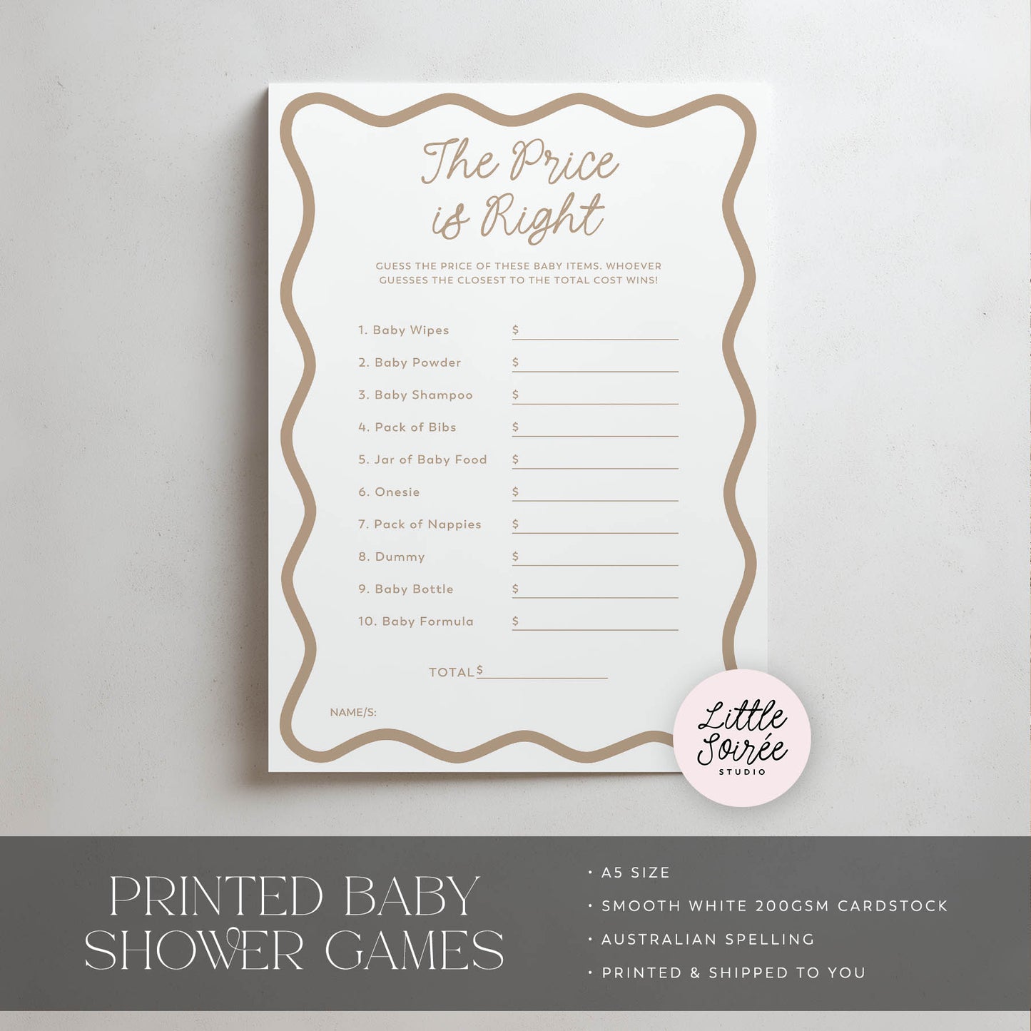 Baby shower game card titled 'The Price is Right' on a gray background with 'Little Soiree' branding.