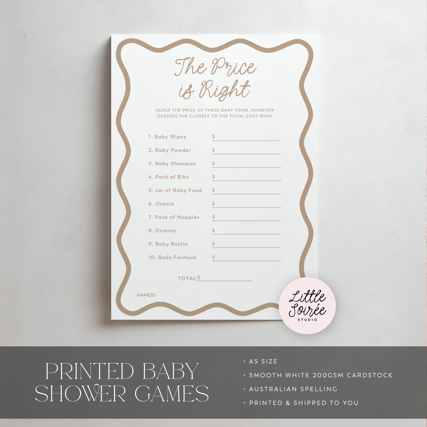 Baby shower game card titled 'The Price is Right' on a gray background with 'Little Soiree' branding.
