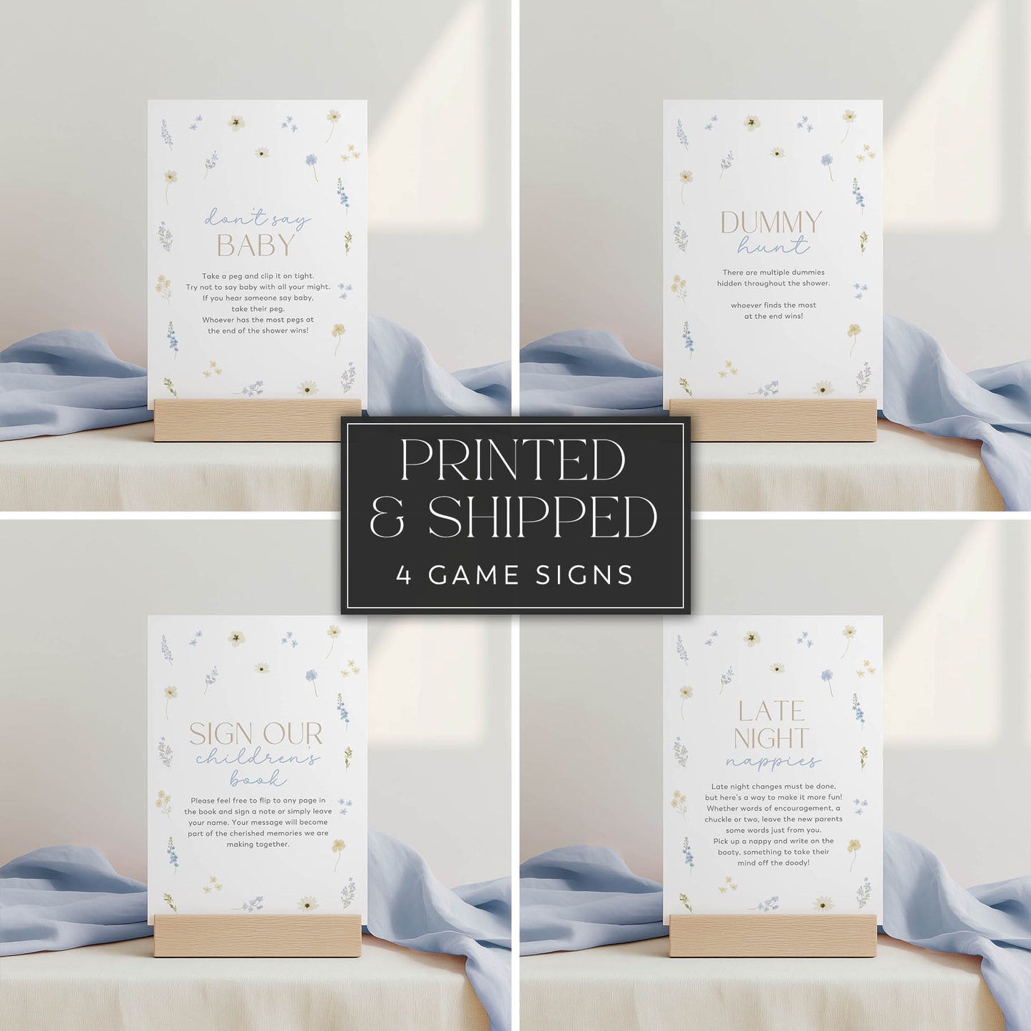Set of four baby shower game signs with text on a neutral background