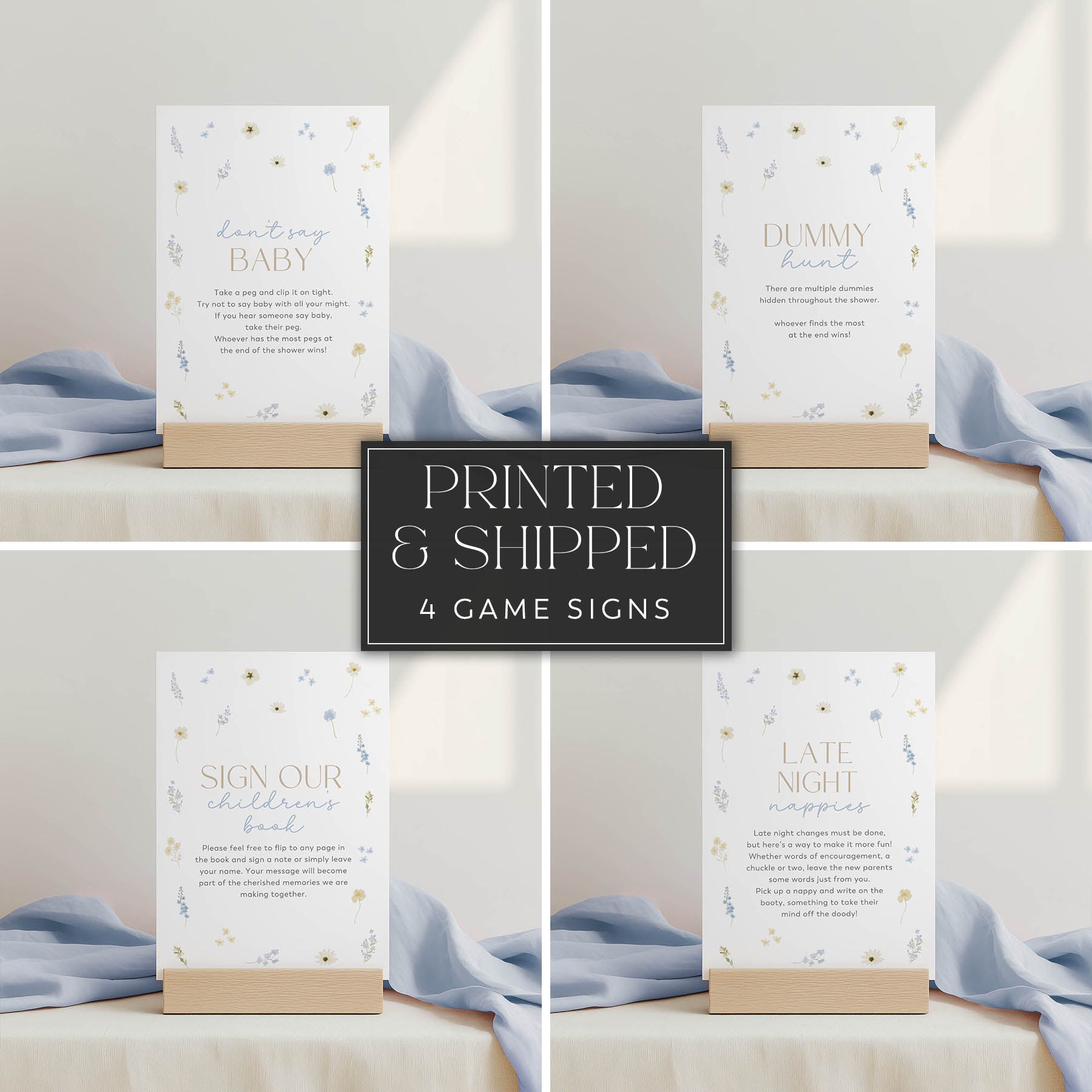 Set of four baby shower game signs with text on a neutral background