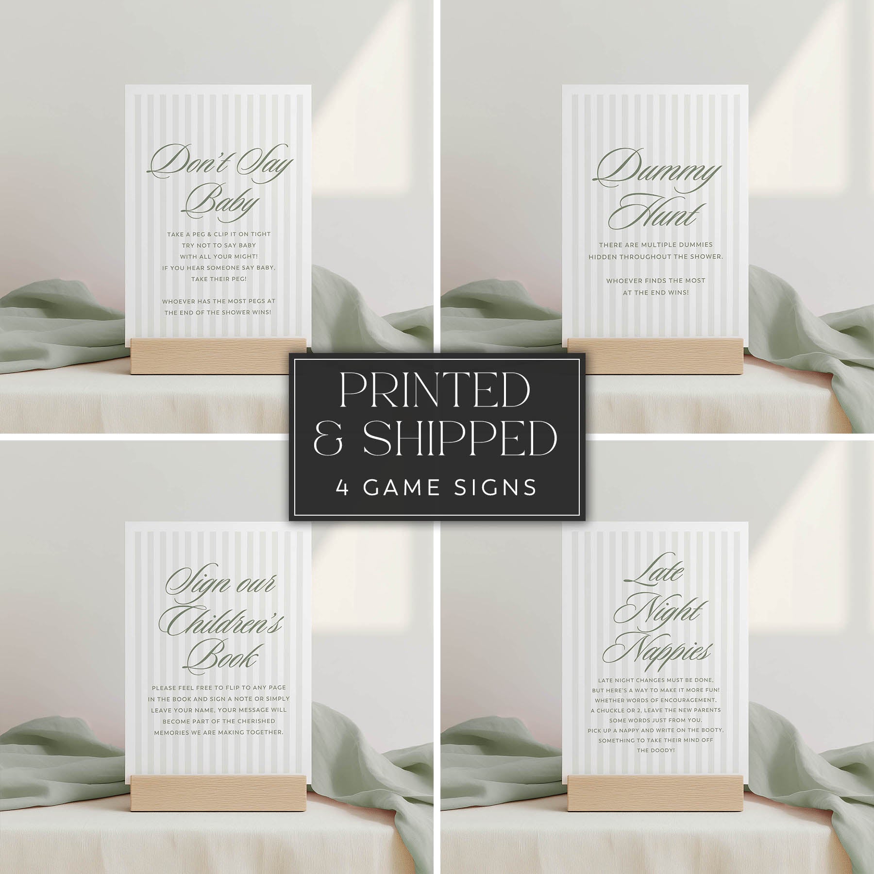 Set of four baby shower game signs on a neutral background with text.