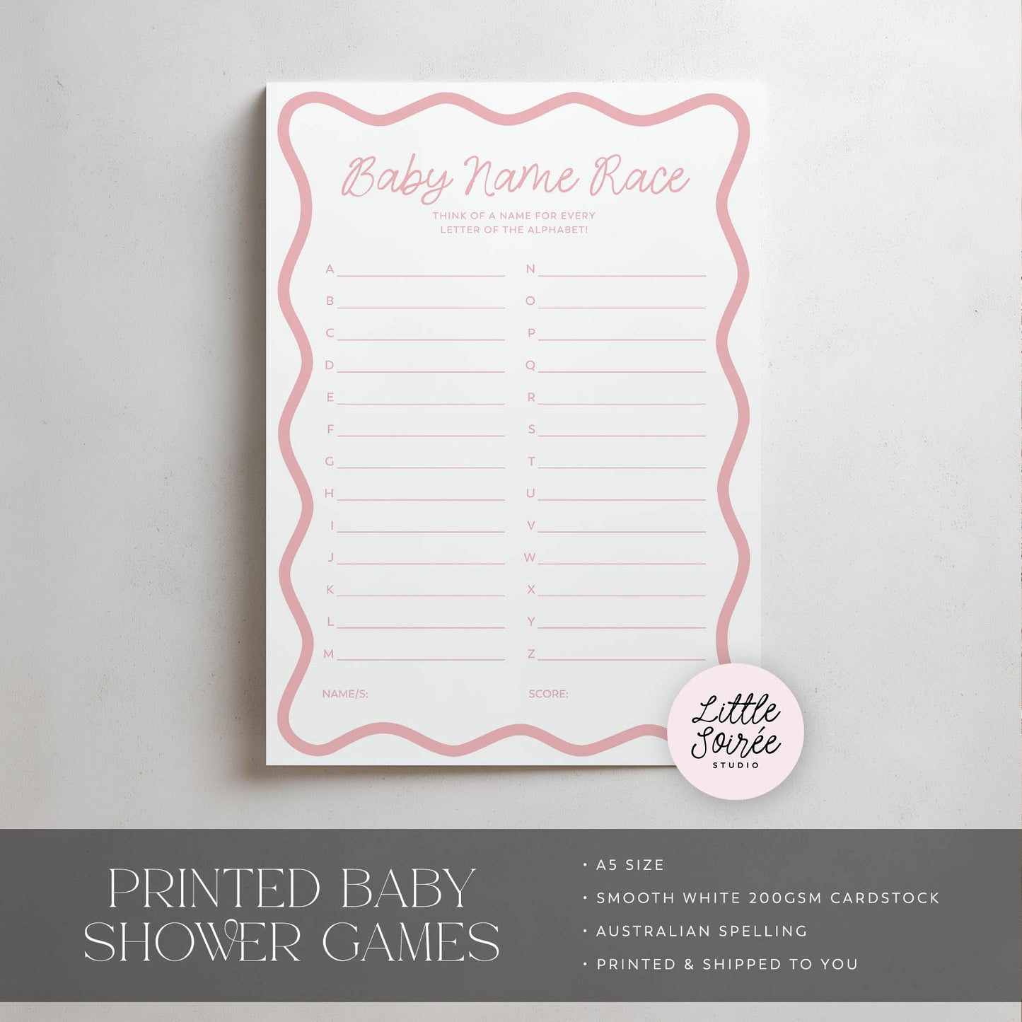 Baby name race game sheet with pink border on a gray background, featuring 'Little Soiree'.