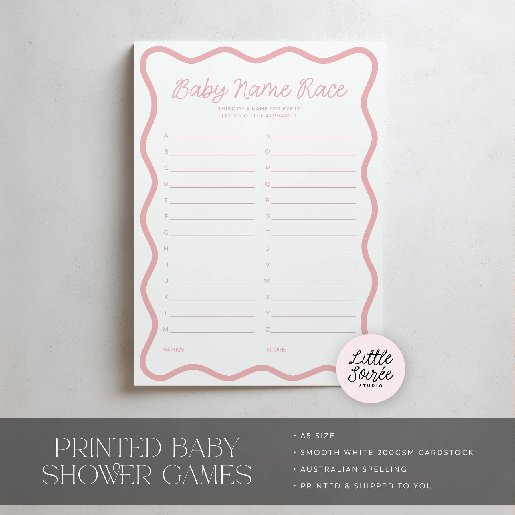 Baby name race game sheet with pink border on a gray background, featuring 'Little Soiree'.