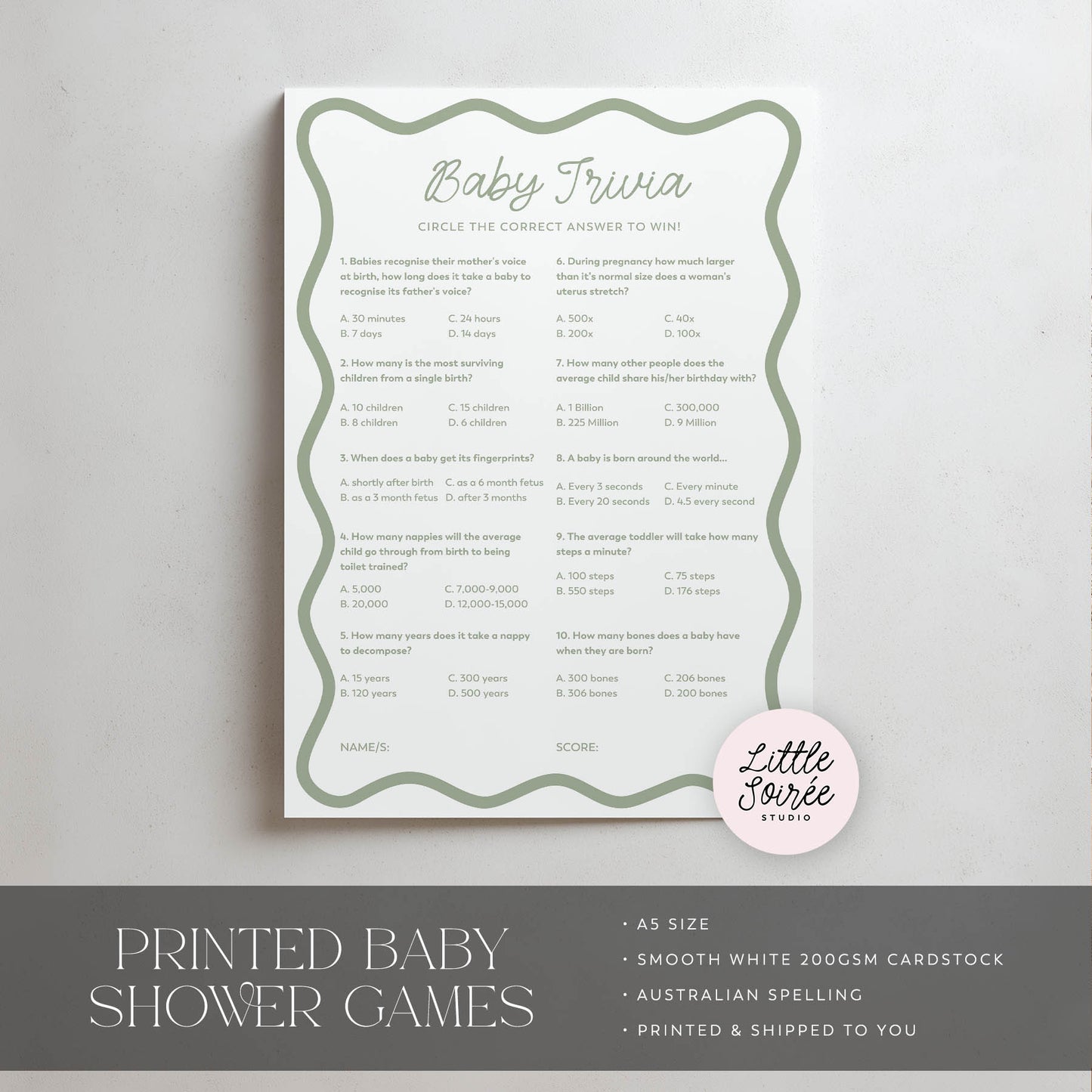 Baby Trivia game sheet for a baby shower on a light gray background with 'Little Soiree' branding.