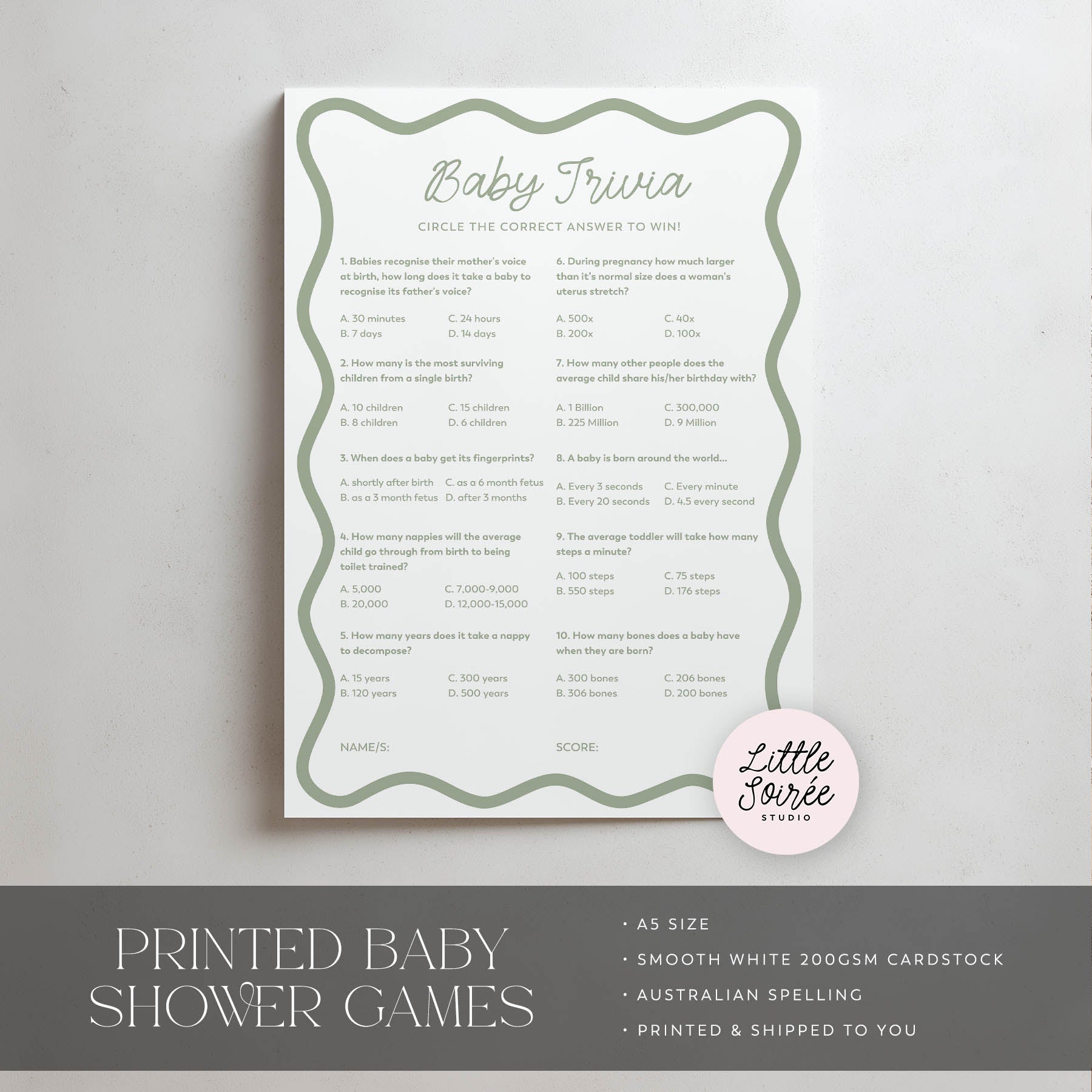 Baby Trivia game sheet for a baby shower on a light gray background with 'Little Soiree' branding.