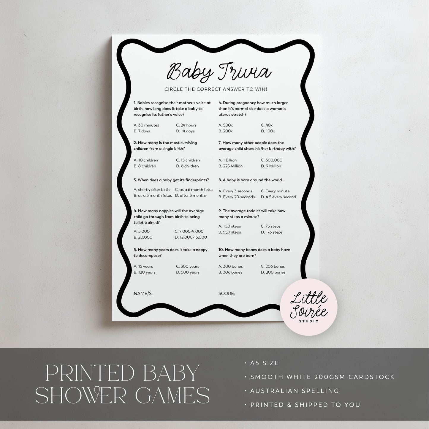 Baby trivia game card with black text on a white background, featuring the brand 'Little Soiree'.
