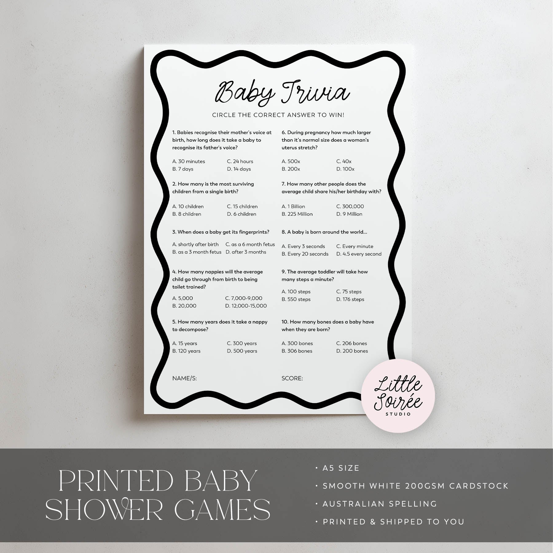 Baby trivia game card with black text on a white background, featuring the brand 'Little Soiree'.