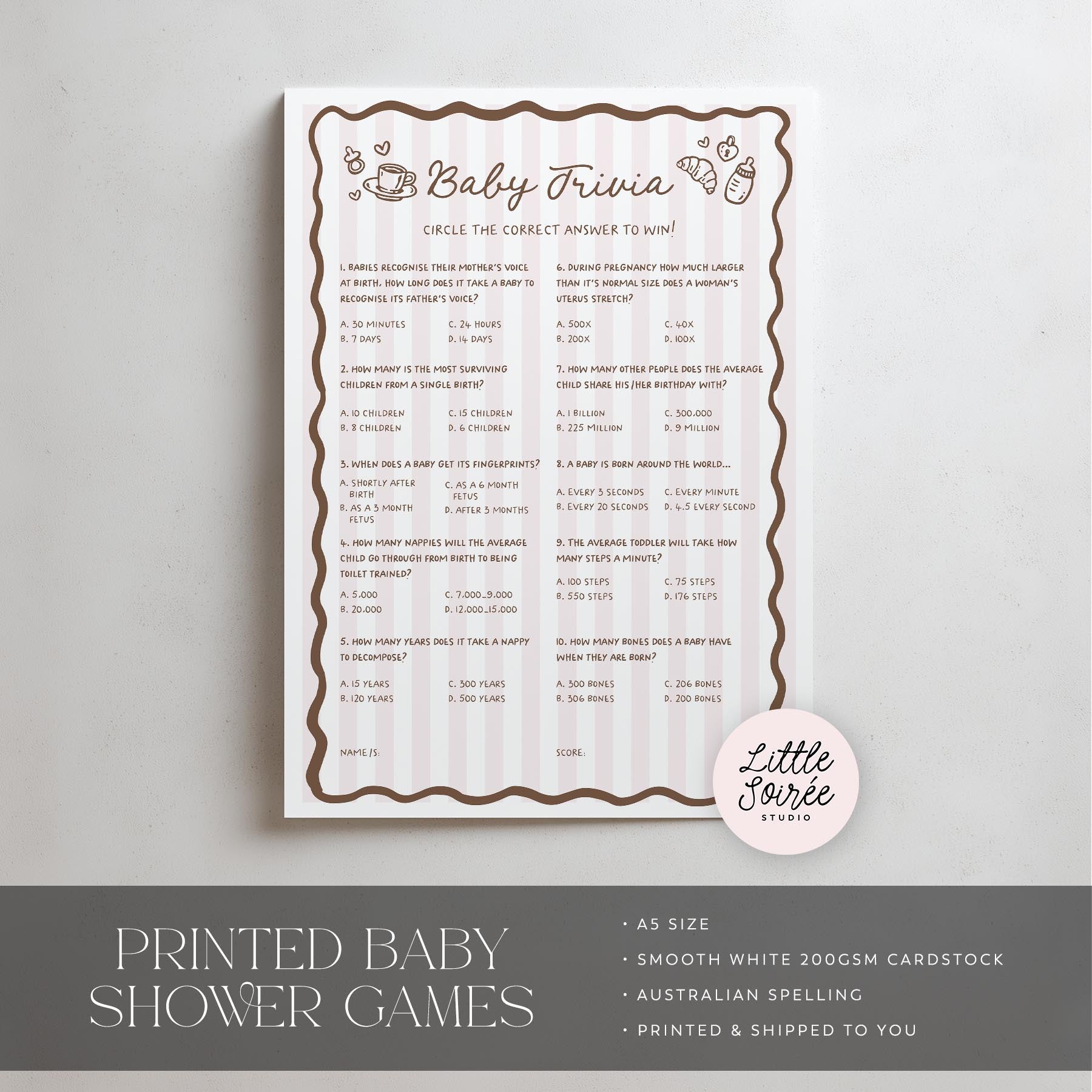 Baby trivia game sheet with decorative border on a light gray background, featuring 'Little Soiree' branding.