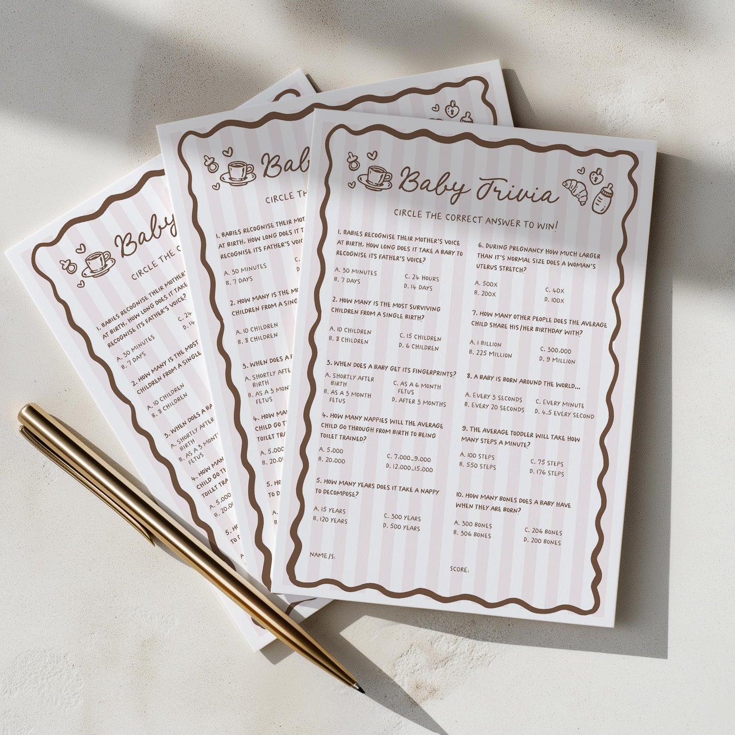 Printed Baby Trivia – Cafe Bebe Pink Paris | Baby Shower Games Australia
