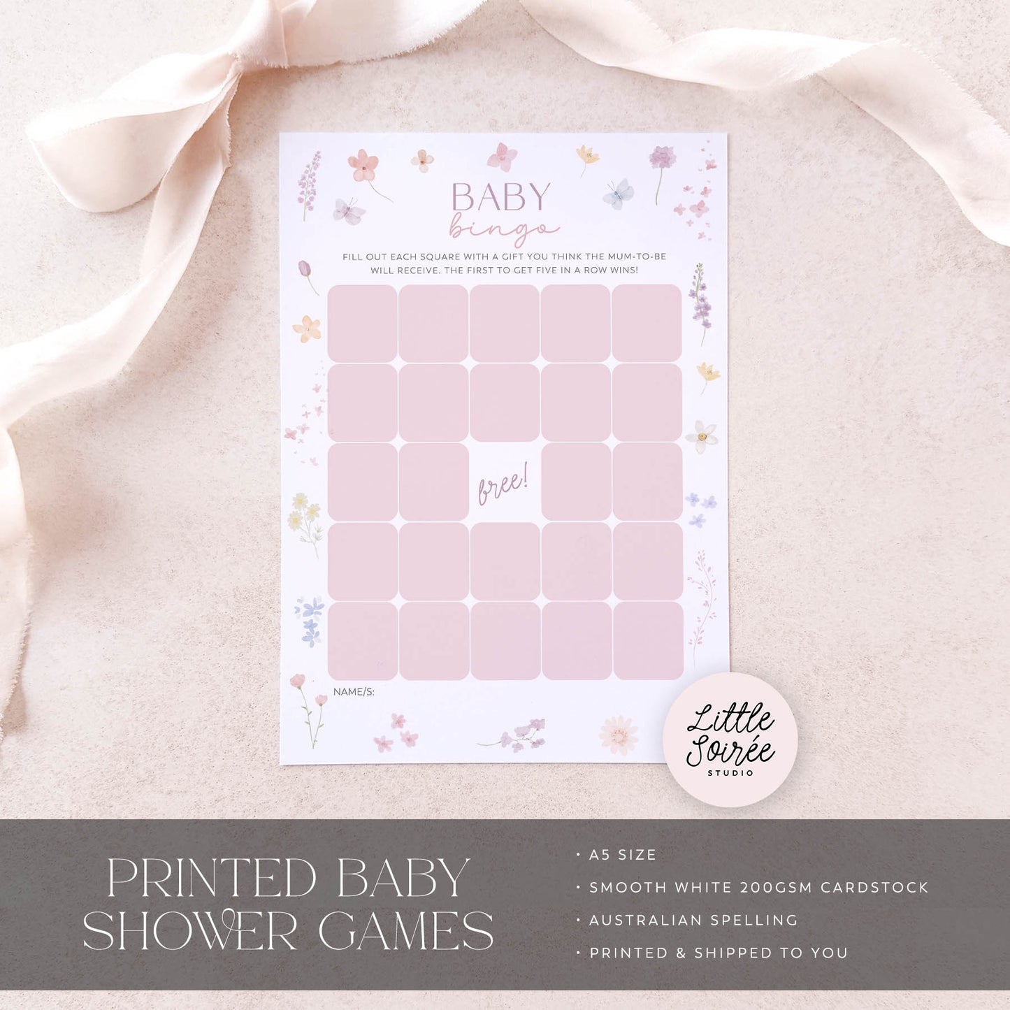 Printed Baby Bingo – Pink Wildflower | Baby Shower Games Australia