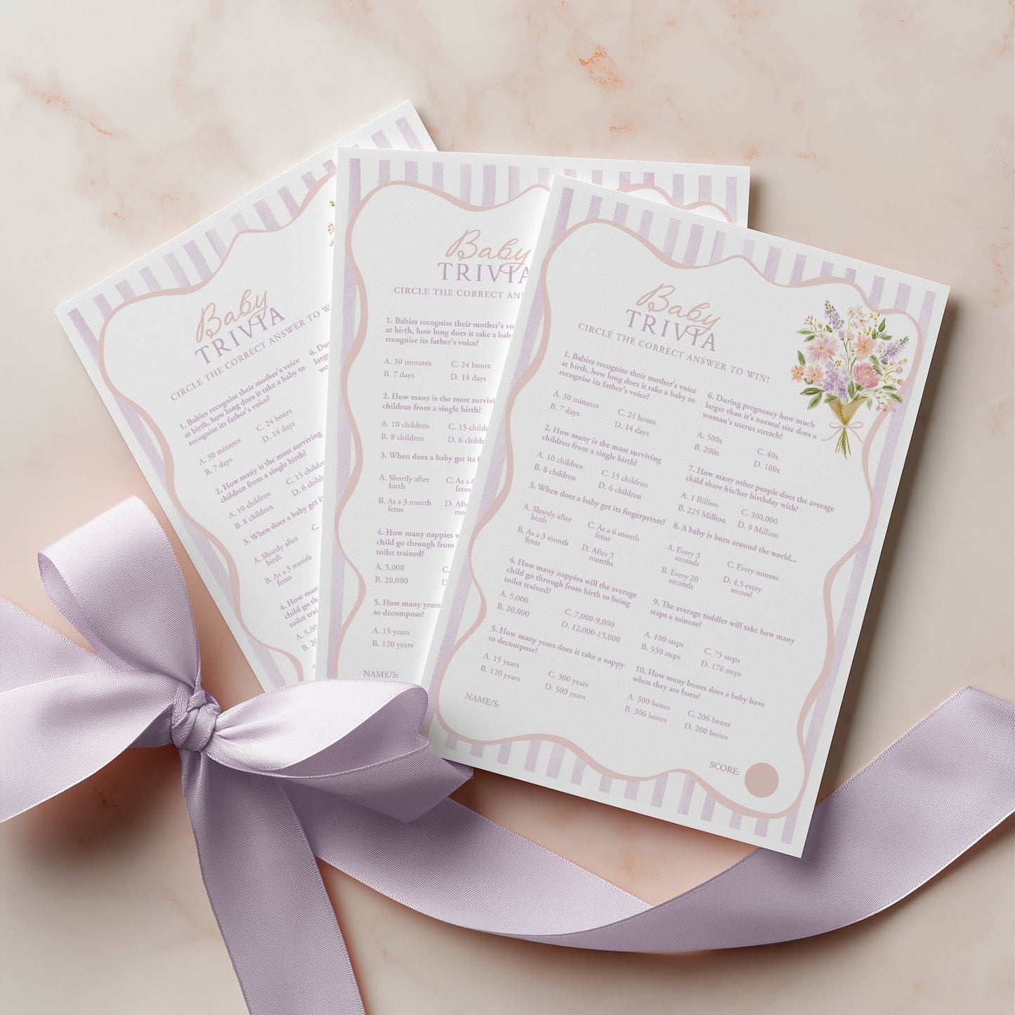 Printed Baby Trivia – Baby in Bloom Purple | Baby Shower Games Australia