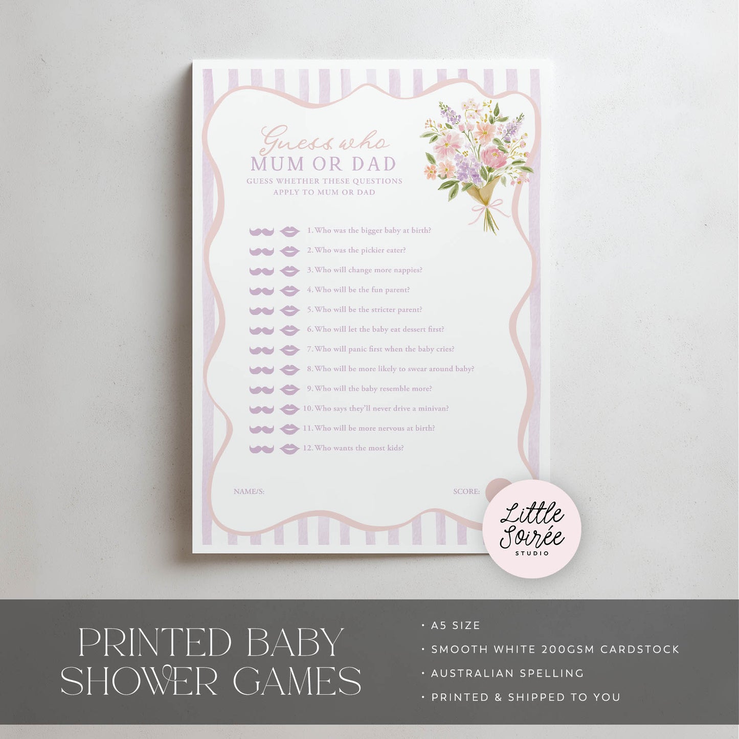 Printed Guess Who Baby Shower Game – Baby in Bloom Purple | Baby Shower Games Australia