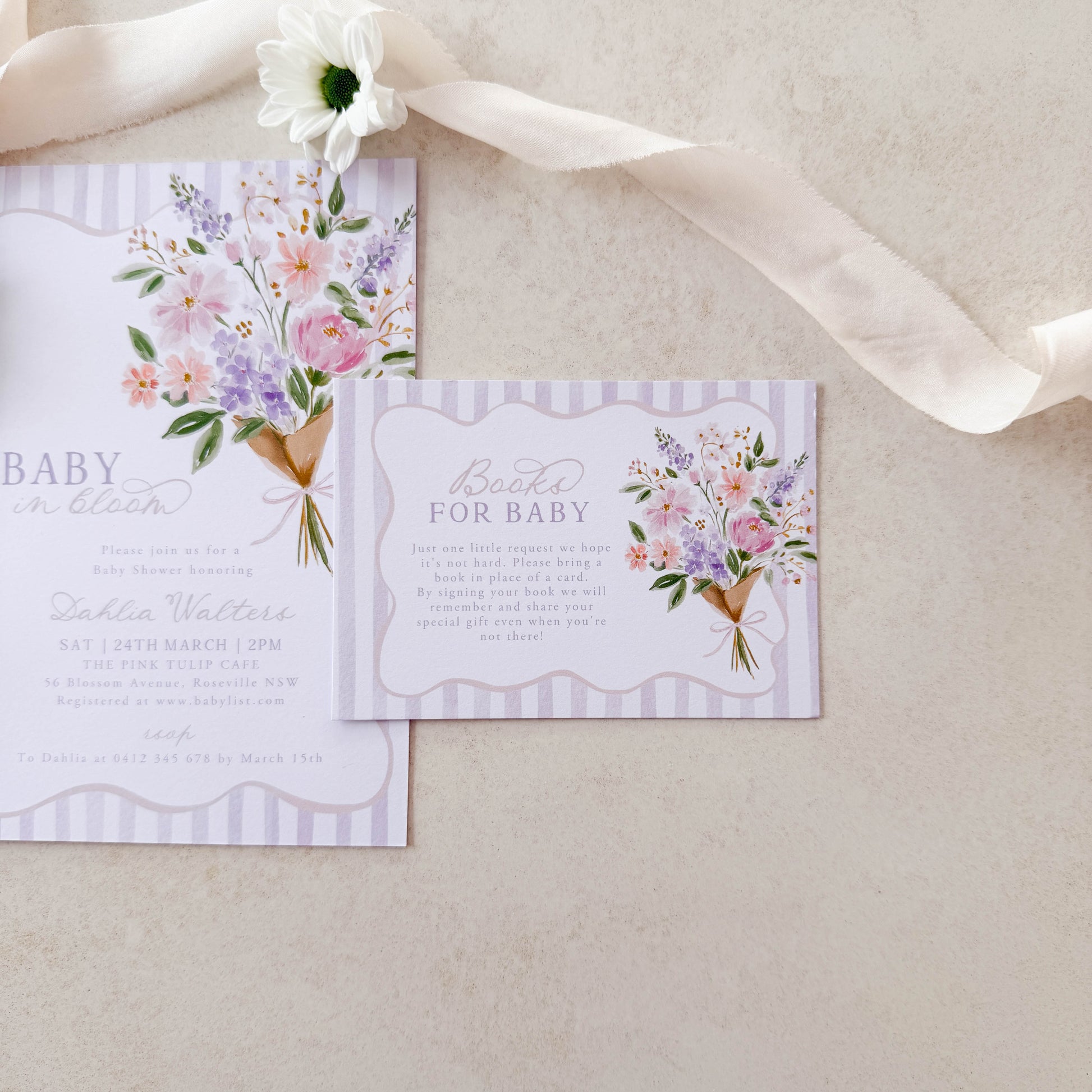 Baby shower invitation cards with floral designs on a neutral background