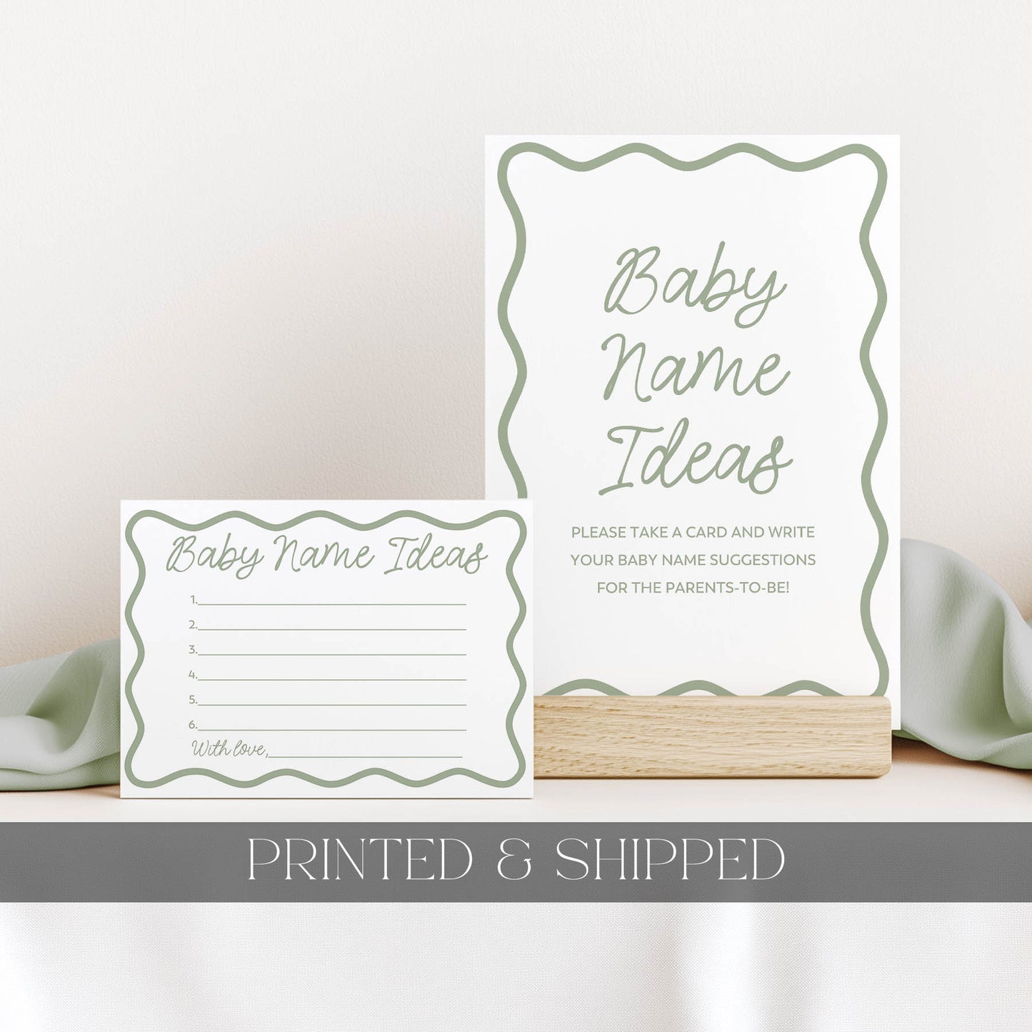 Printed Baby Name Ideas Sign & Card – Green Wavy | Baby Shower Games Australia