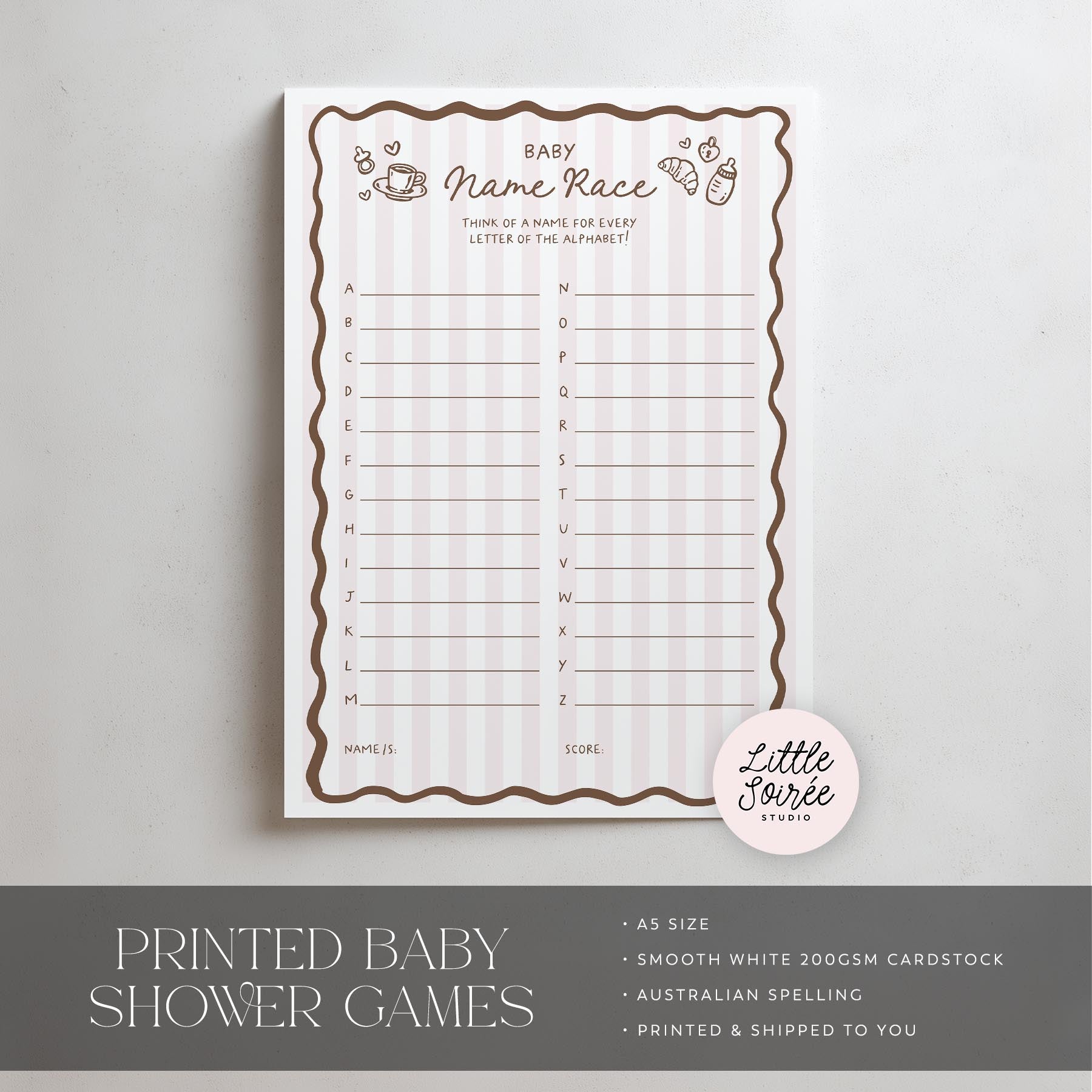 Baby name race game sheet on a light gray background with 'Little Soiree' branding.