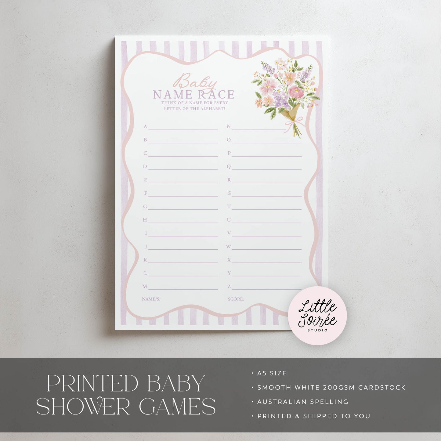 Baby shower game sheet with floral design on a gray background