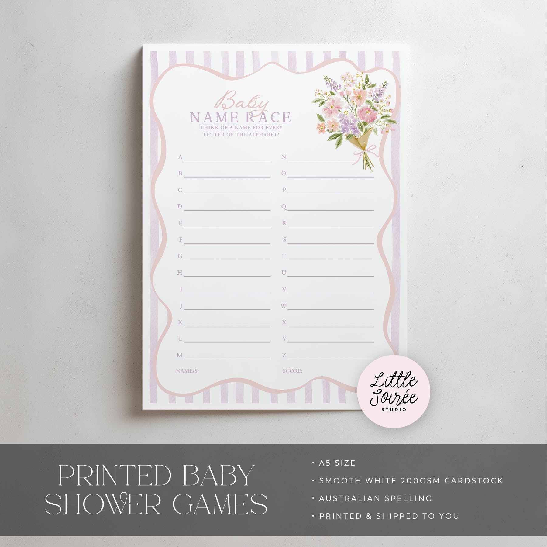 Baby shower game sheet with floral design on a gray background