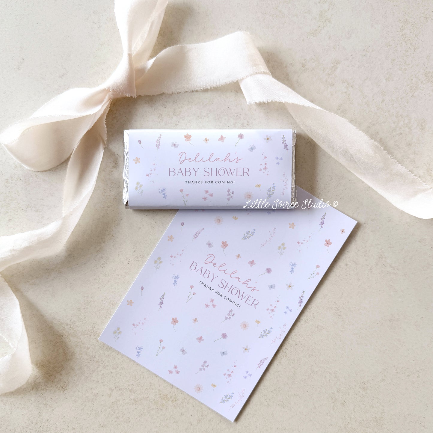 Printed Chocolate Bar Labels – Pink Wildflower | Baby Shower Favours Australia