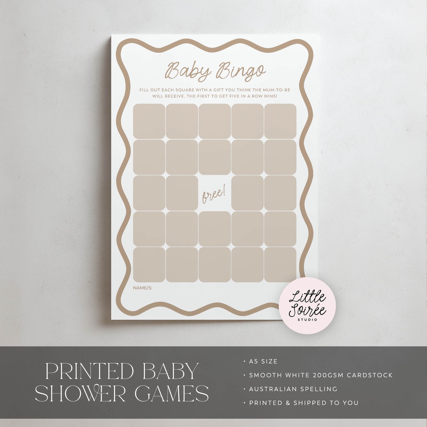 Baby shower game card for 'Baby Bingo' with 'Little Soiree' branding on a gray background.