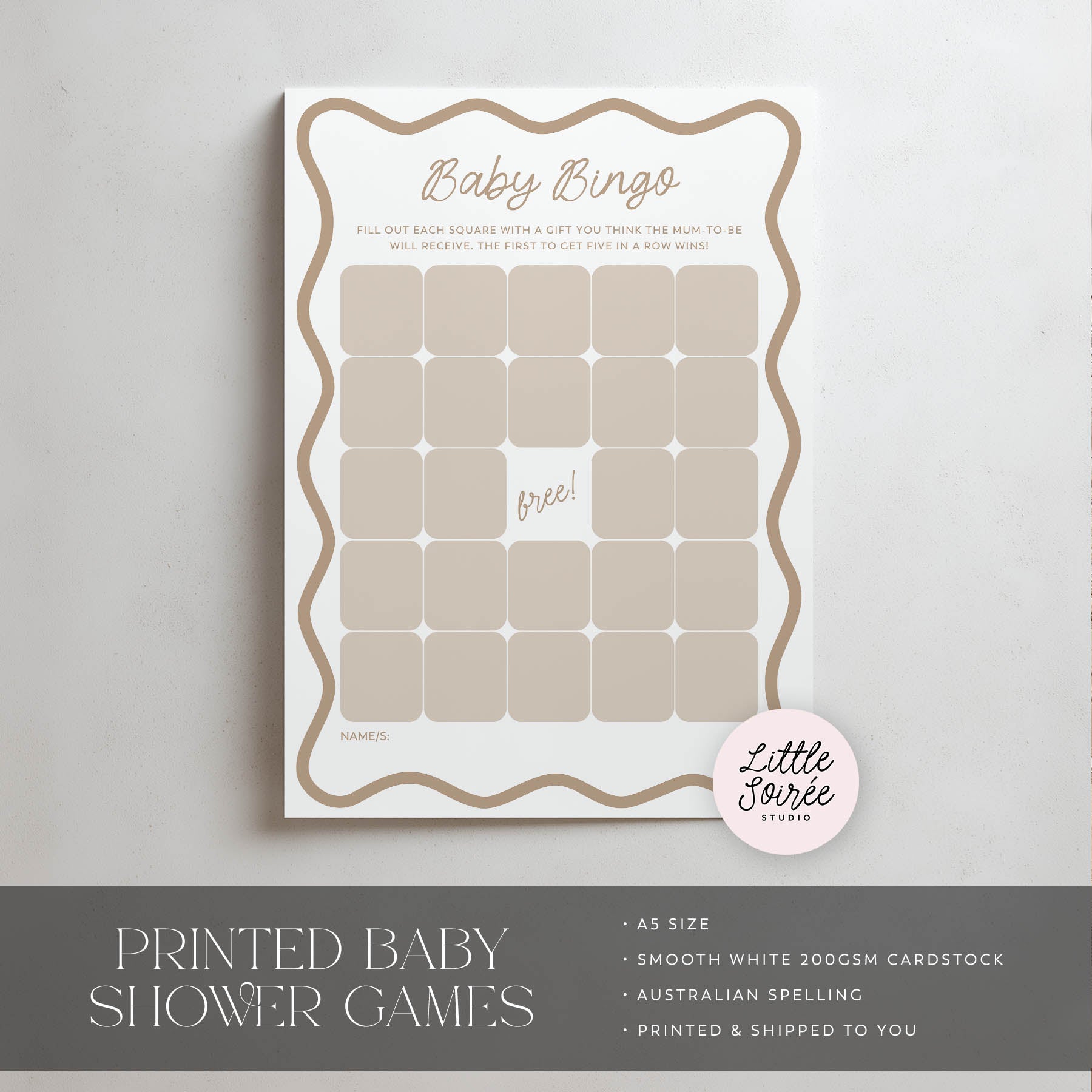 Baby shower game card for 'Baby Bingo' with 'Little Soiree' branding on a gray background.