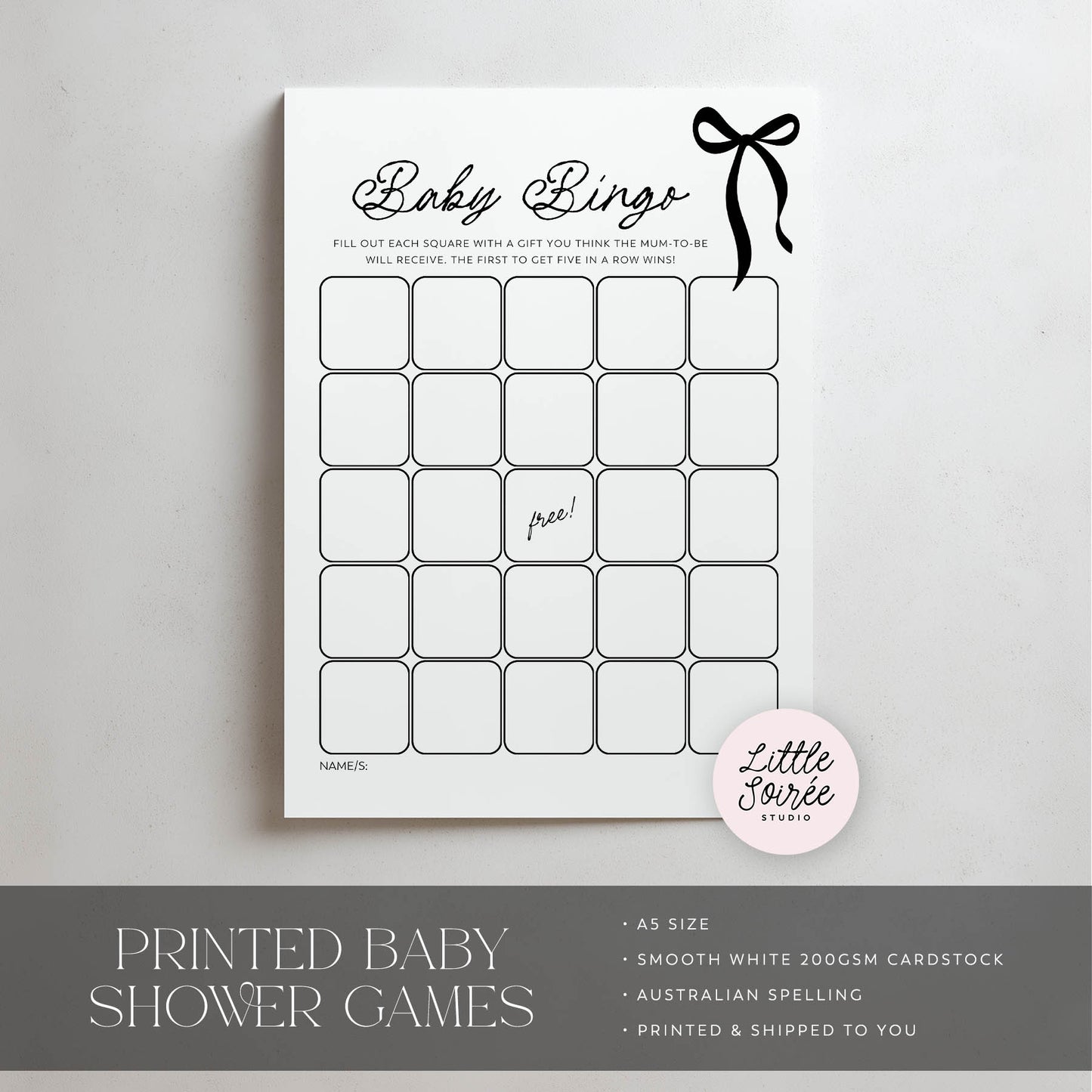 Black Bow Baby Bingo game card for a baby shower on a light gray background with 'Little Soiree' branding.