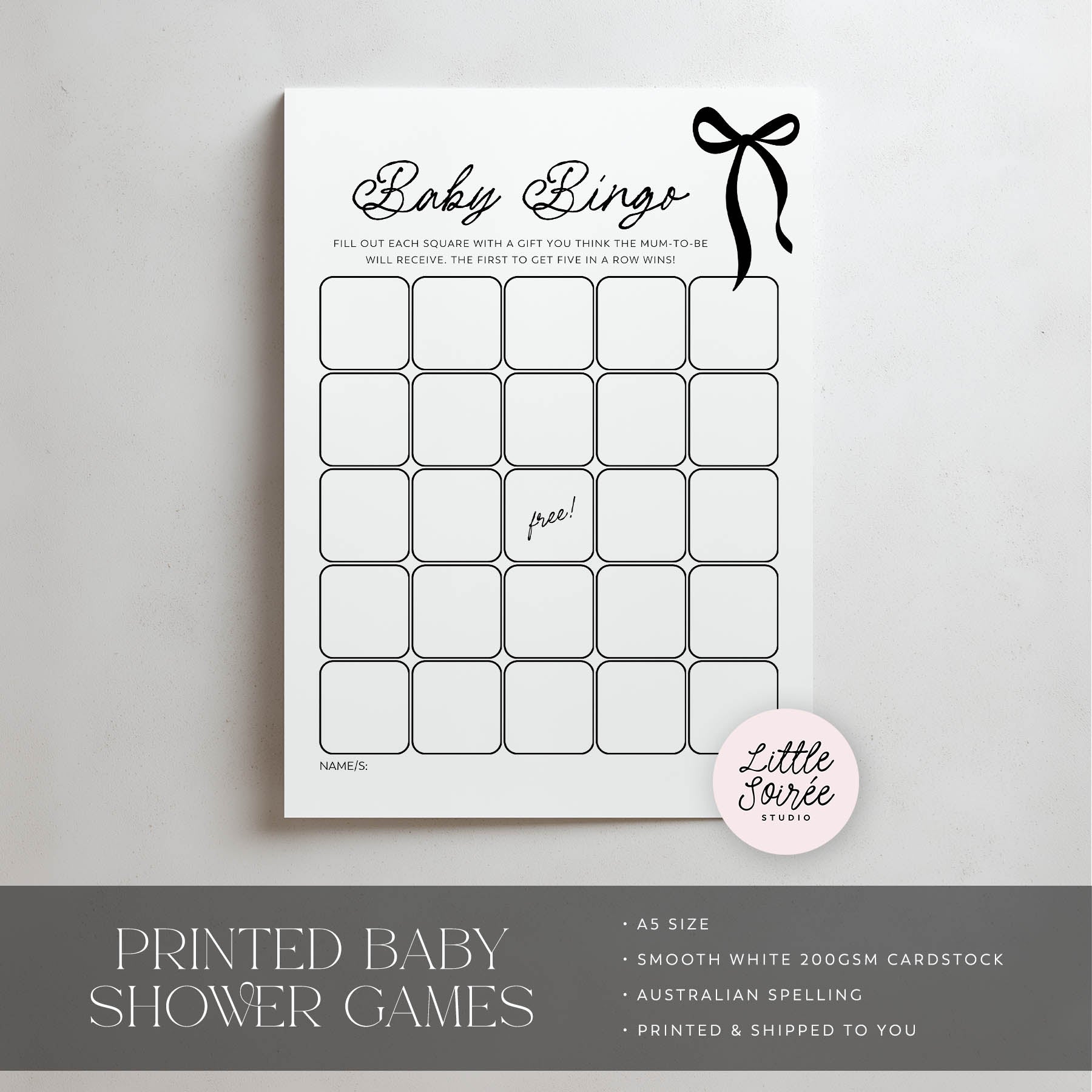 Black Bow Baby Bingo game card for a baby shower on a light gray background with 'Little Soiree' branding.