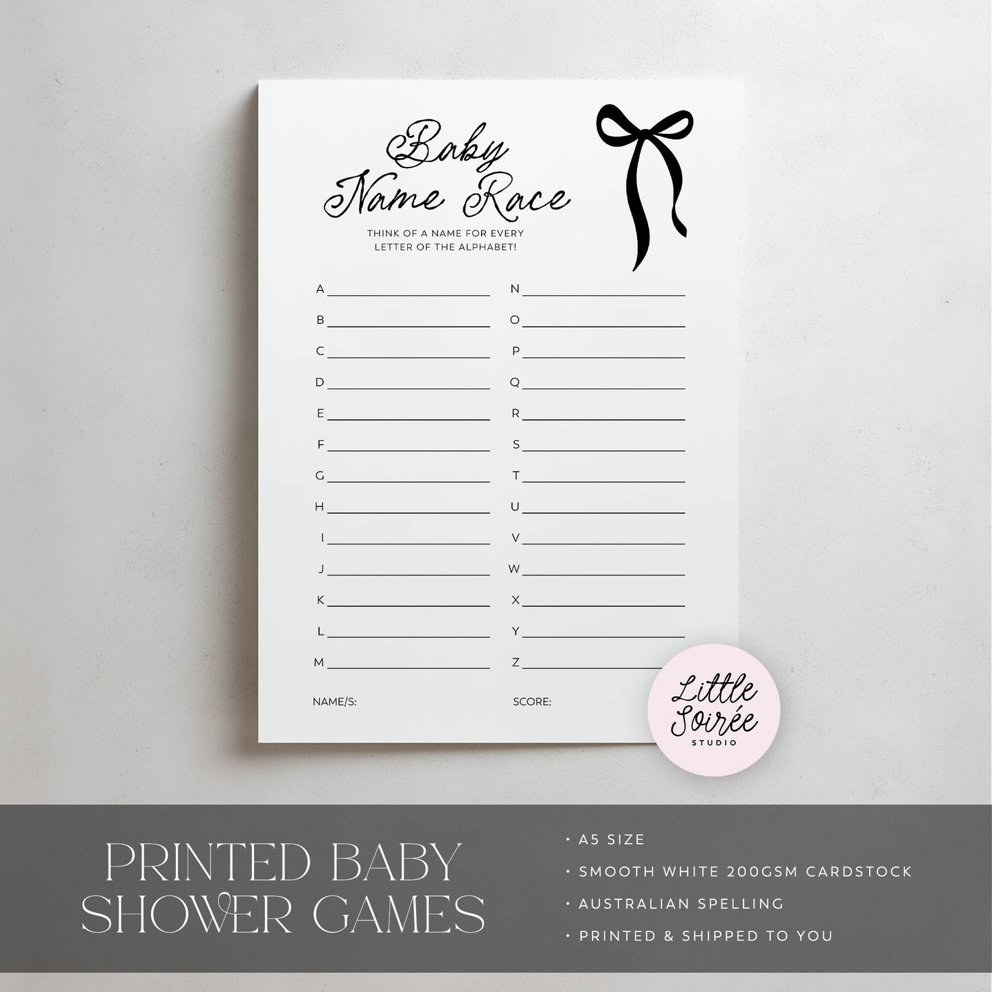 Baby name race game sheet with a black bow design on a gray background, featuring the brand 'Little Soiree'.