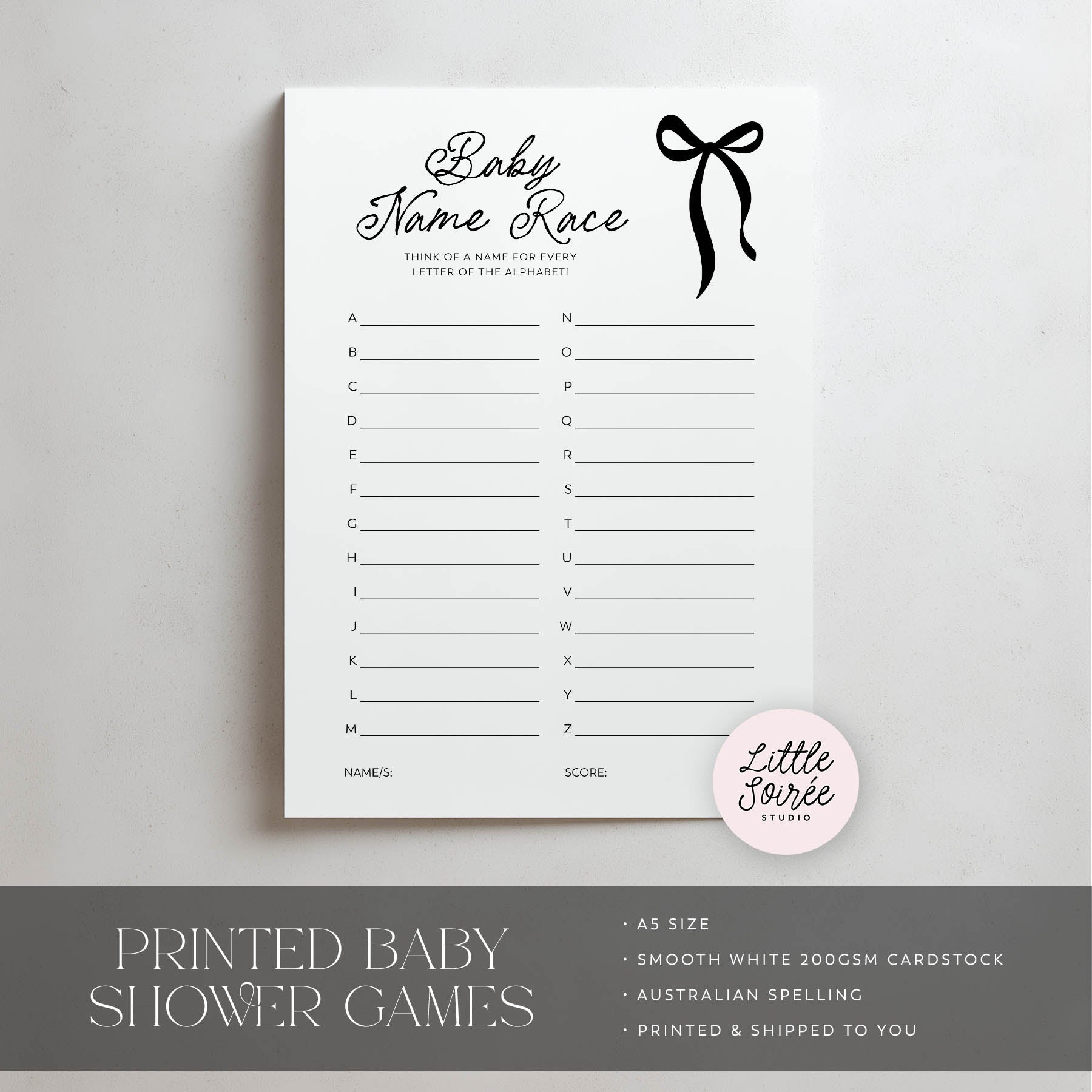 Baby name race game sheet with a black bow design on a gray background, featuring the brand 'Little Soiree'.