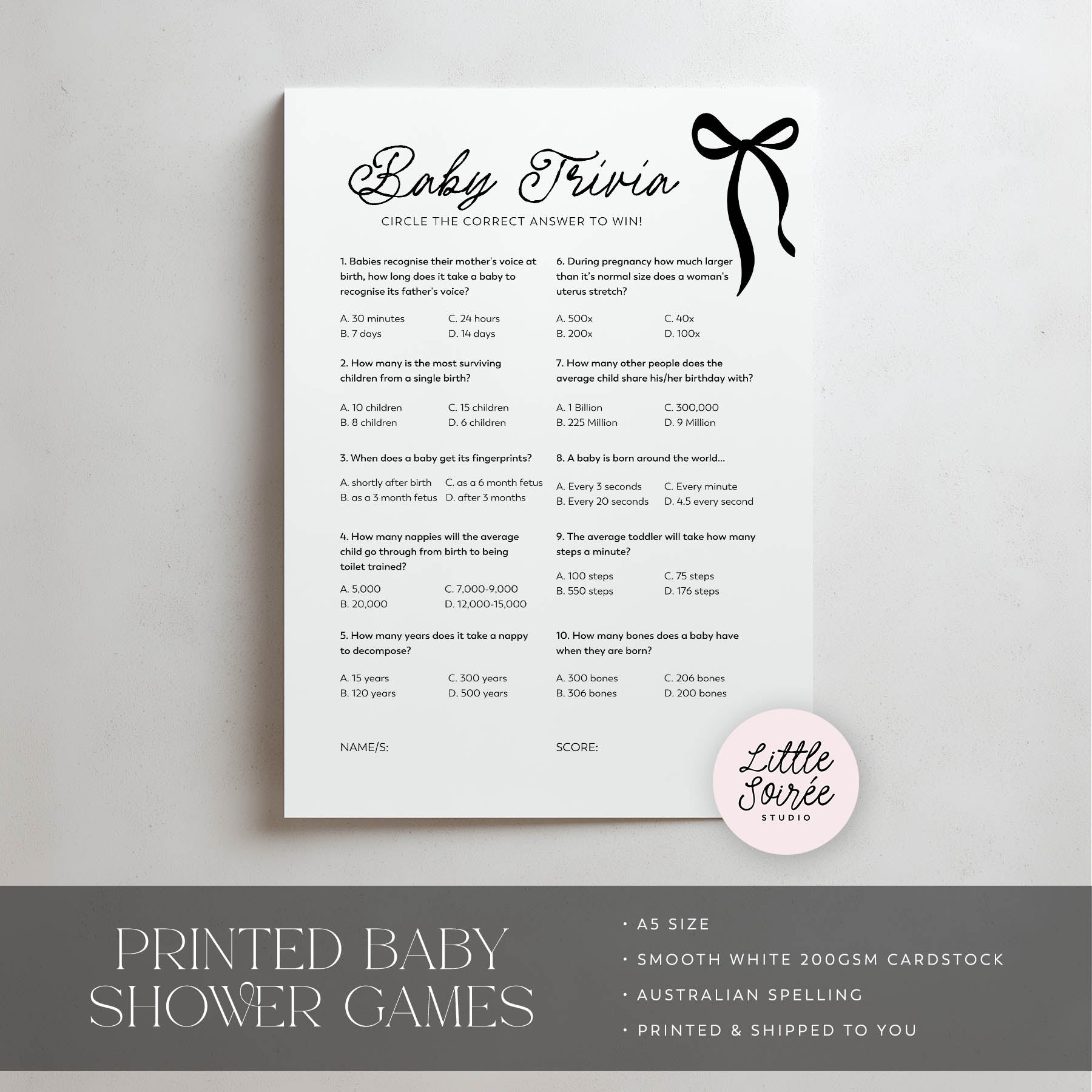 Baby trivia game sheet with a bow on a gray background, featuring the brand 'Little Soiree'.