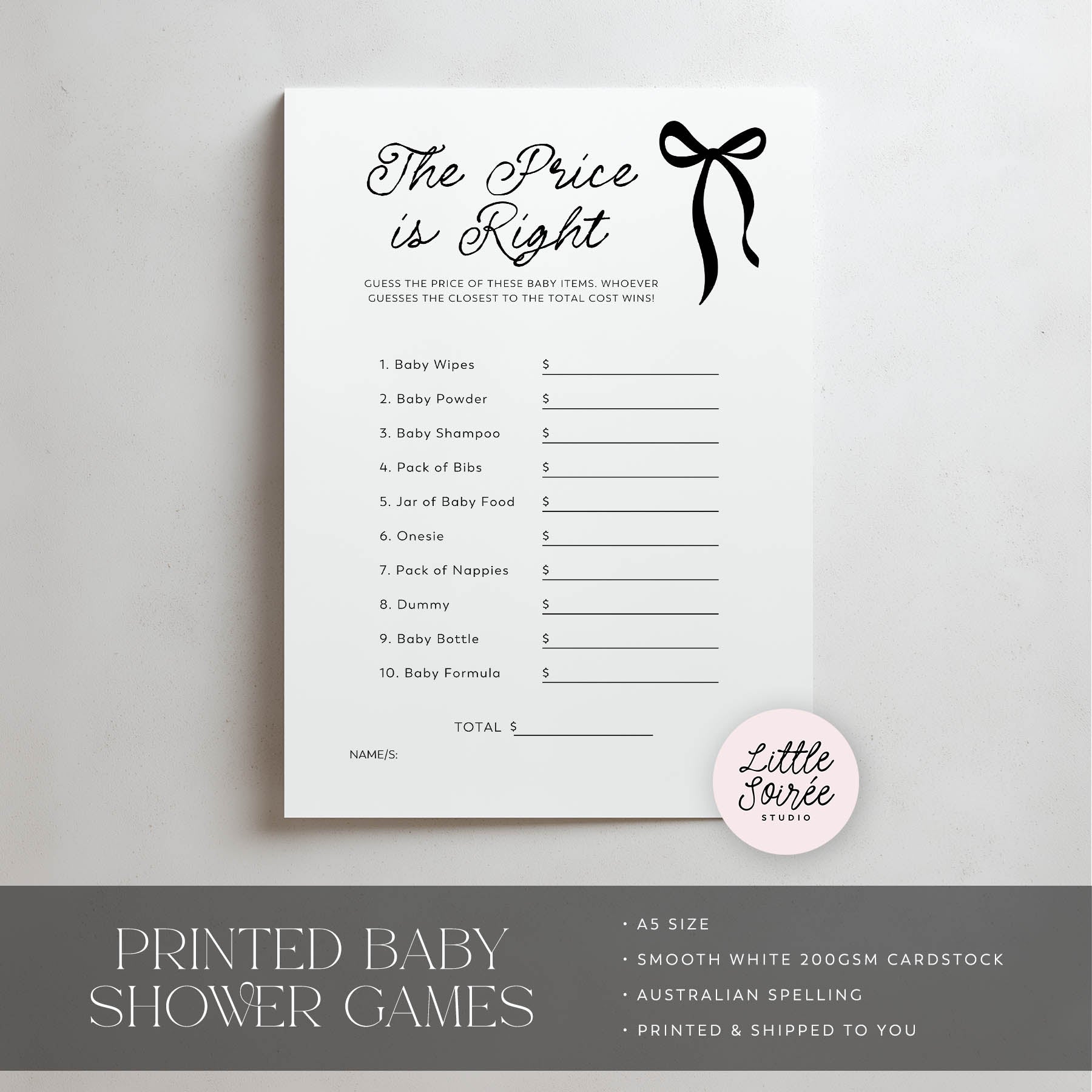 Baby shower game sheet titled 'The Price is Right' on a gray background with 'Little Soiree' branding.