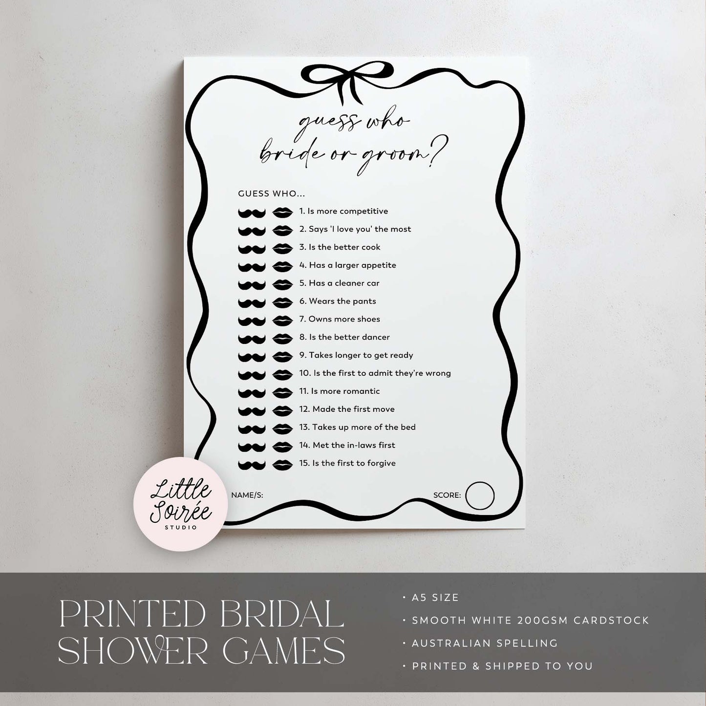 Printed Guess Who Bride or Groom - Black Bow | Bridal Shower Games Australia