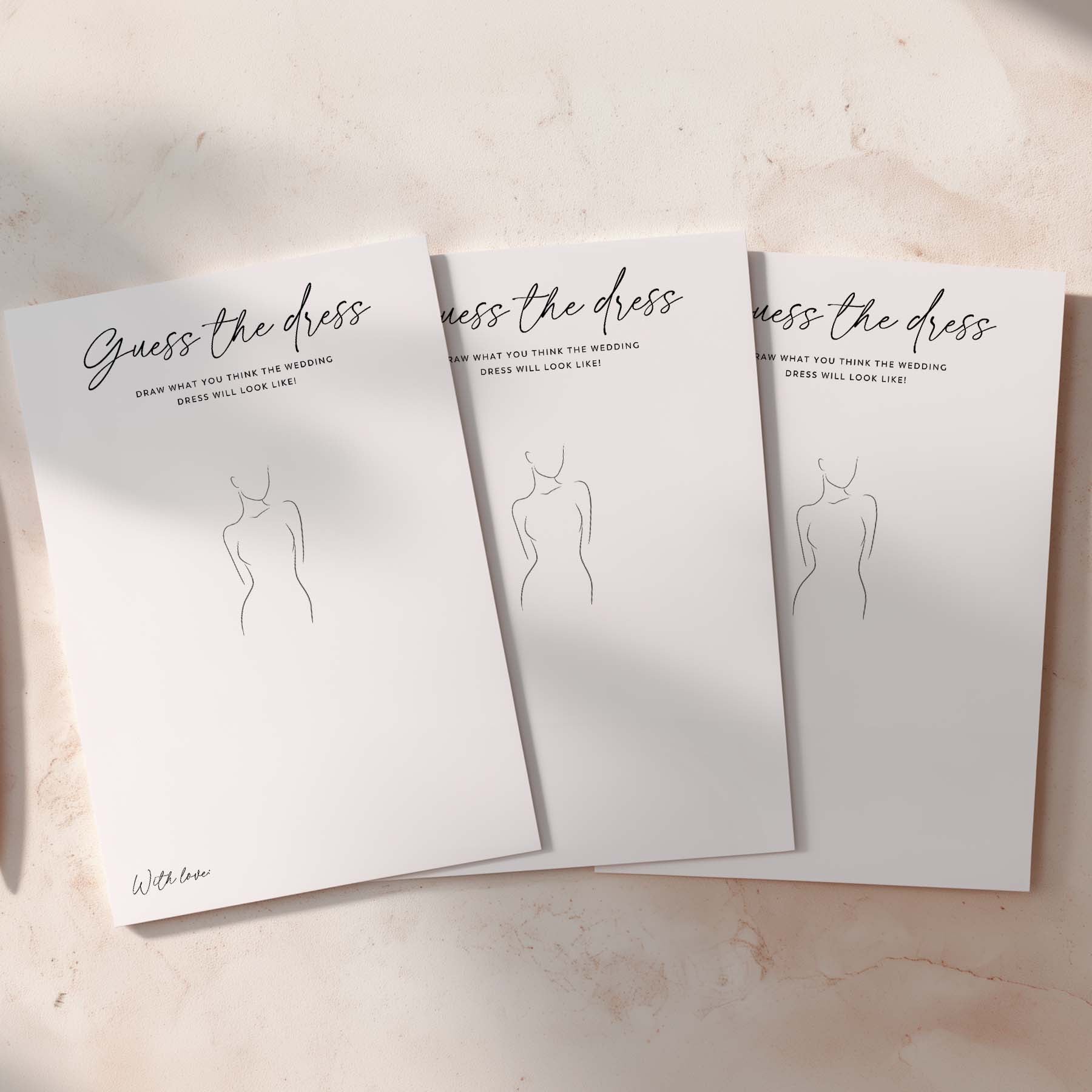 Three 'Guess the dress' cards on a light background