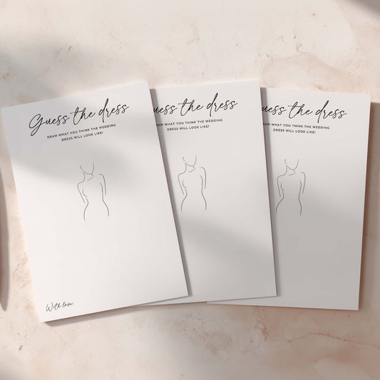 Three 'Guess the dress' cards on a light background
