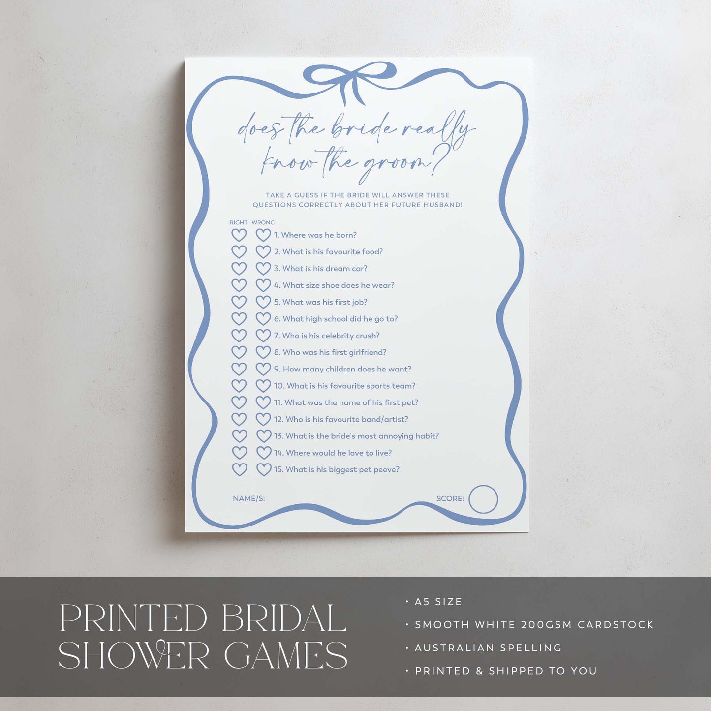 Printed Does the Bride Know the Groom - Blue Bow | Bridal Shower Games Australia