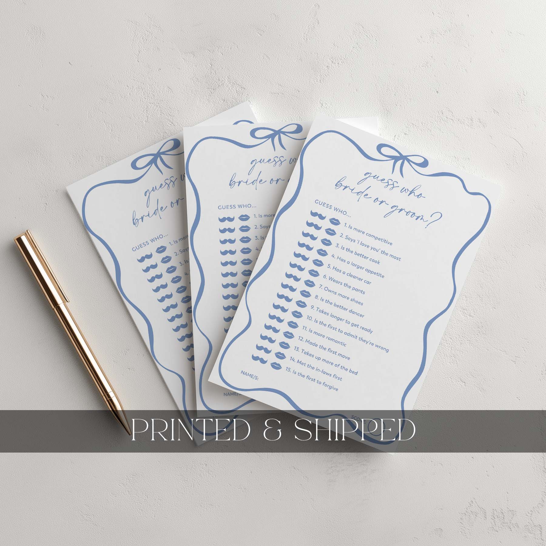 Three printed questionnaires on a light gray surface with 'Printed & Shipped' text overlay.
