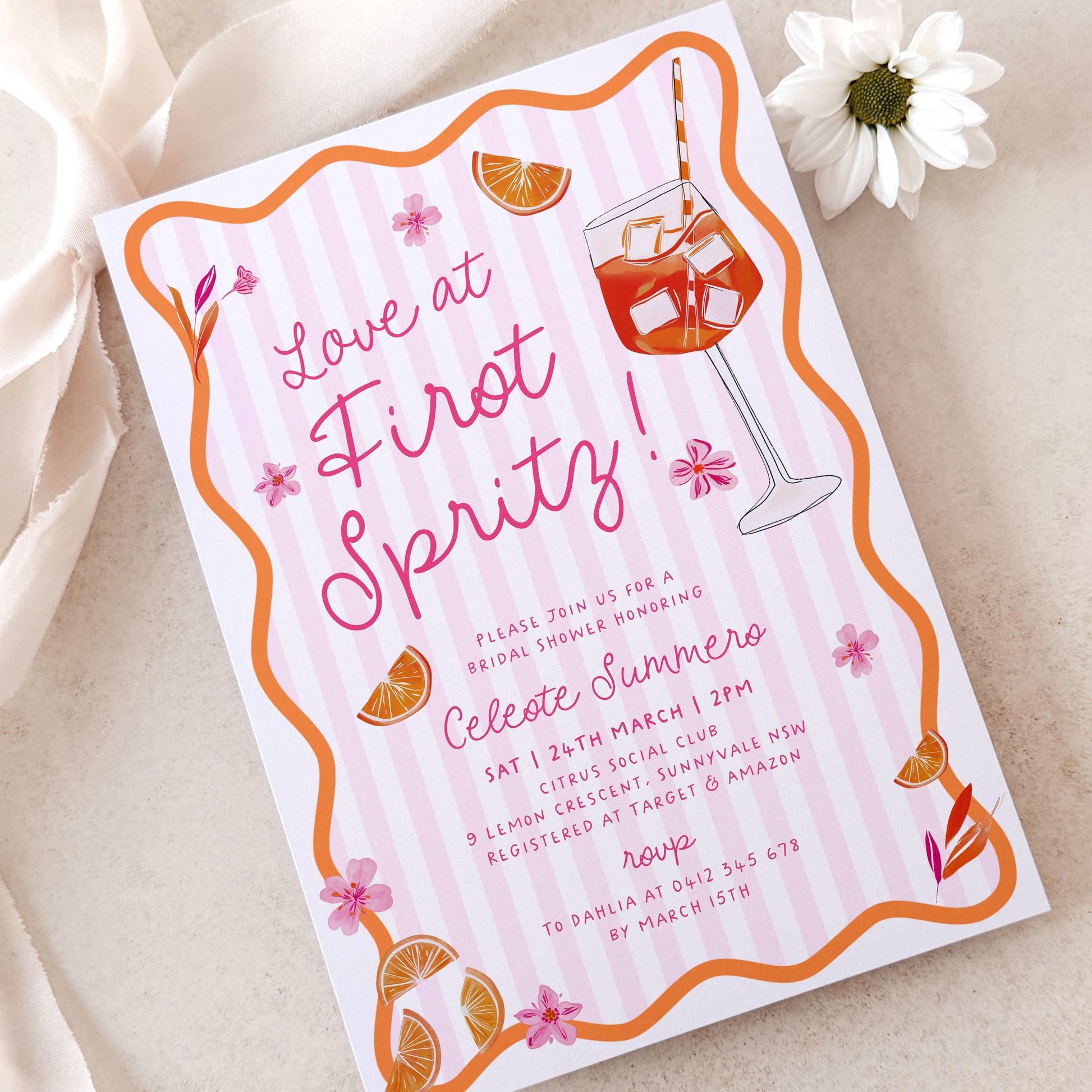Invitation card with 'Love at First Spritz' design featuring a cocktail and text on a light background.