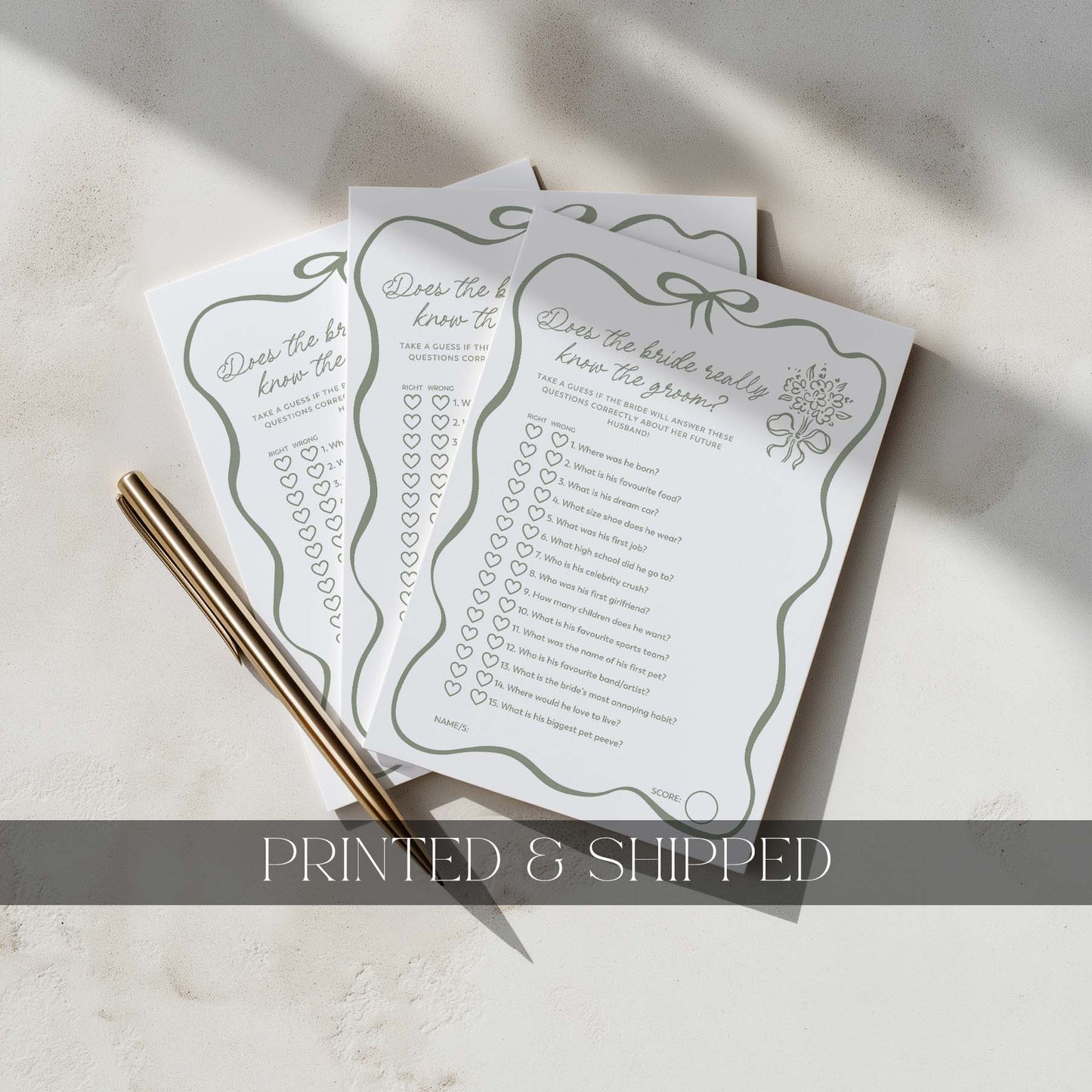 Printed Does the Bride Know the Groom - Sage Green Bow | Bridal Shower Games Australia