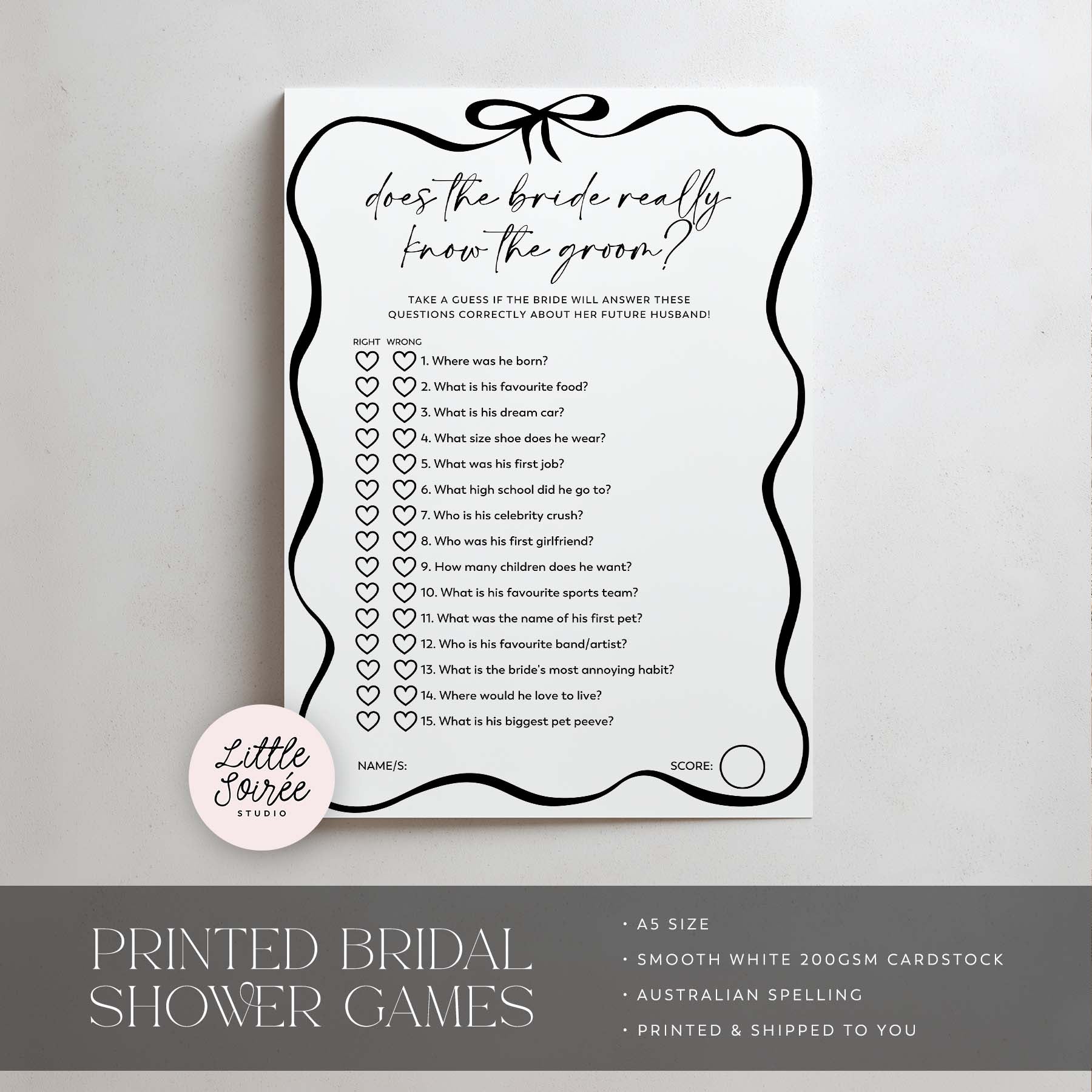Black Bow Bridal shower game card with question list on a white background