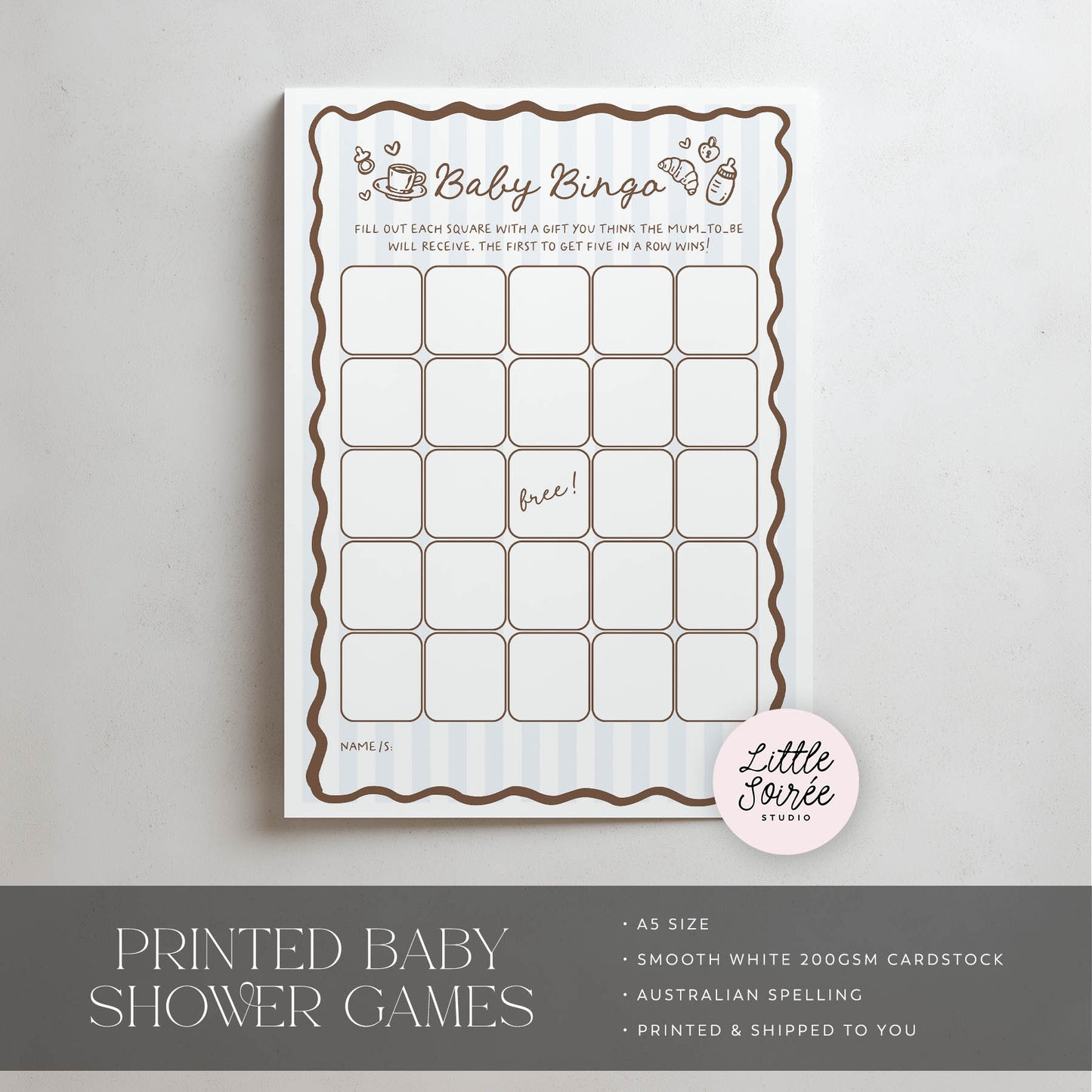 Baby shower bingo card on a light gray background with 'Little Soure' branding.