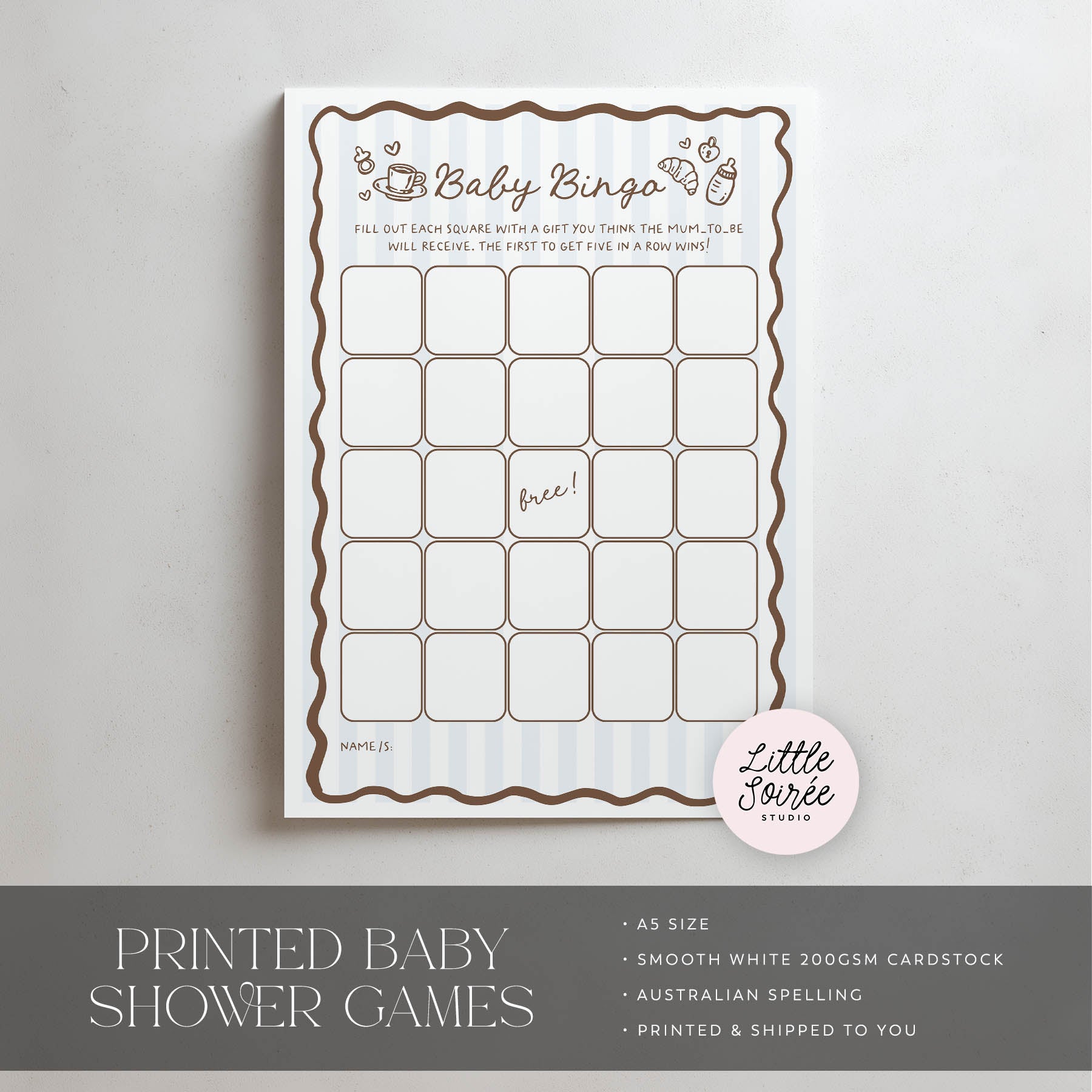 Baby shower bingo card on a light gray background with 'Little Soure' branding.