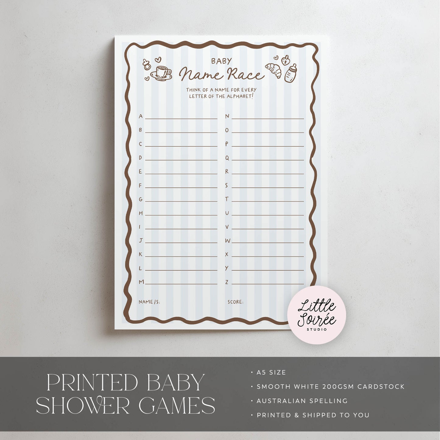 Baby name race game sheet on a light gray background with 'Little Soiree' branding.