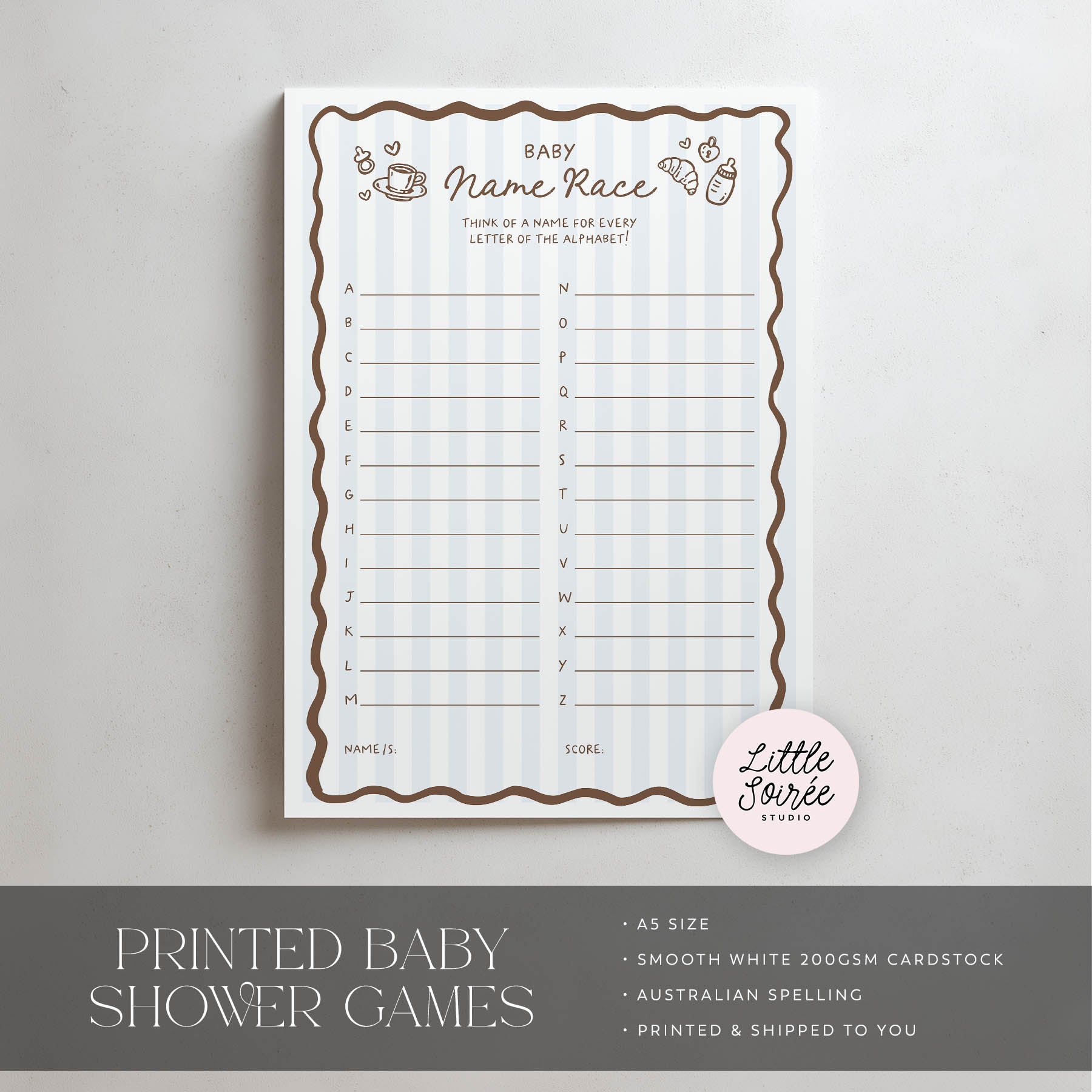 Baby name race game sheet on a light gray background with 'Little Soiree' branding.