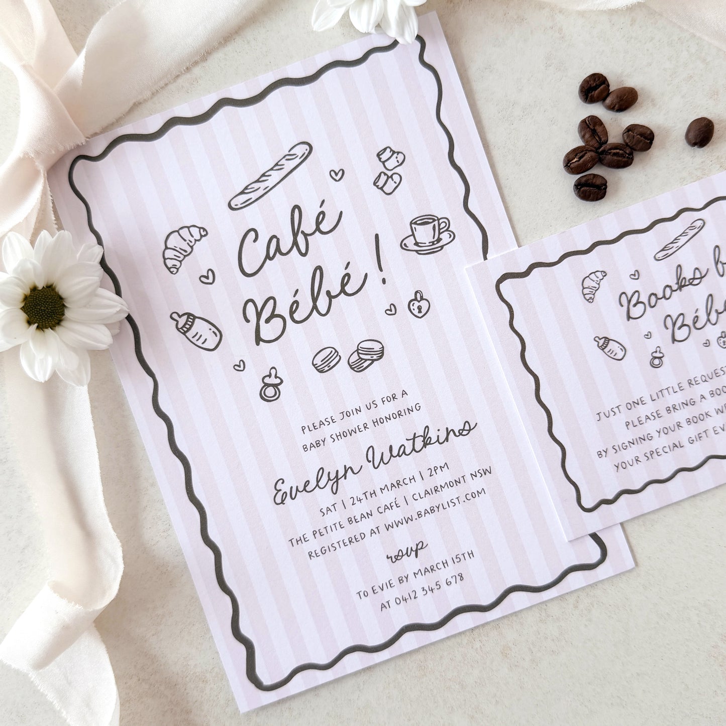 Baby shower invitation with coffee-themed illustrations on a light background