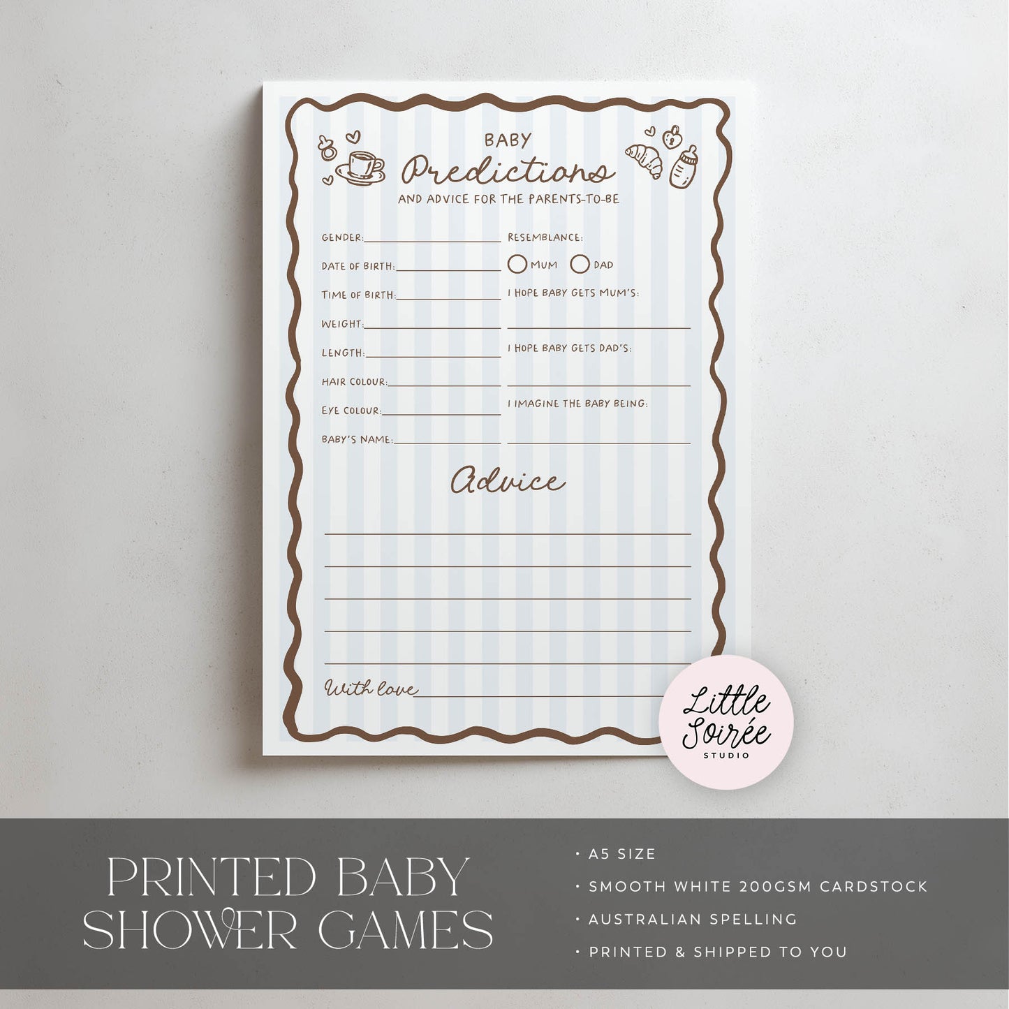 Baby shower game sheet with predictions and advice on a light gray background, featuring 'Little Soiree' branding.