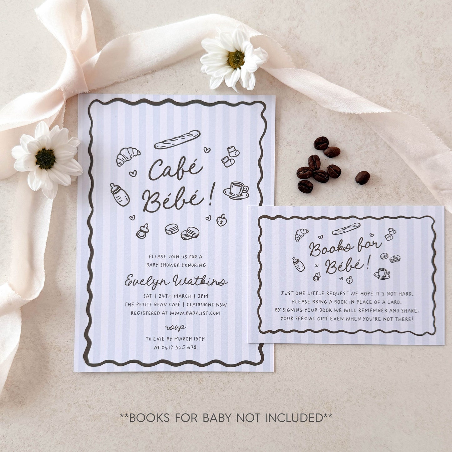 Baby shower invitation with coffee-themed design on a beige background with flowers and coffee beans.