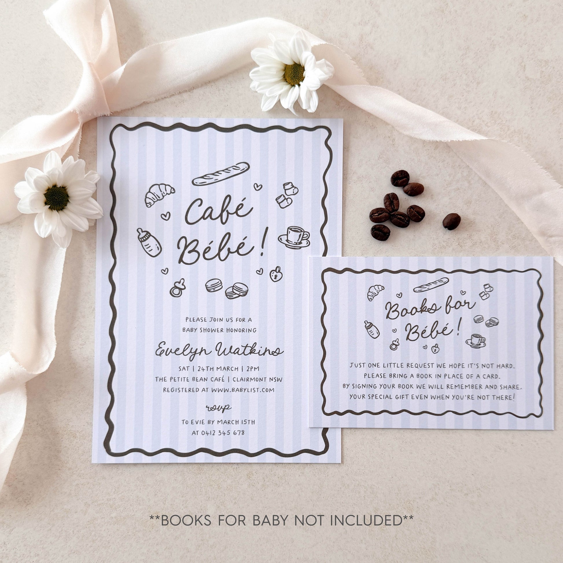 Baby shower invitation with coffee-themed design on a beige background with flowers and coffee beans.